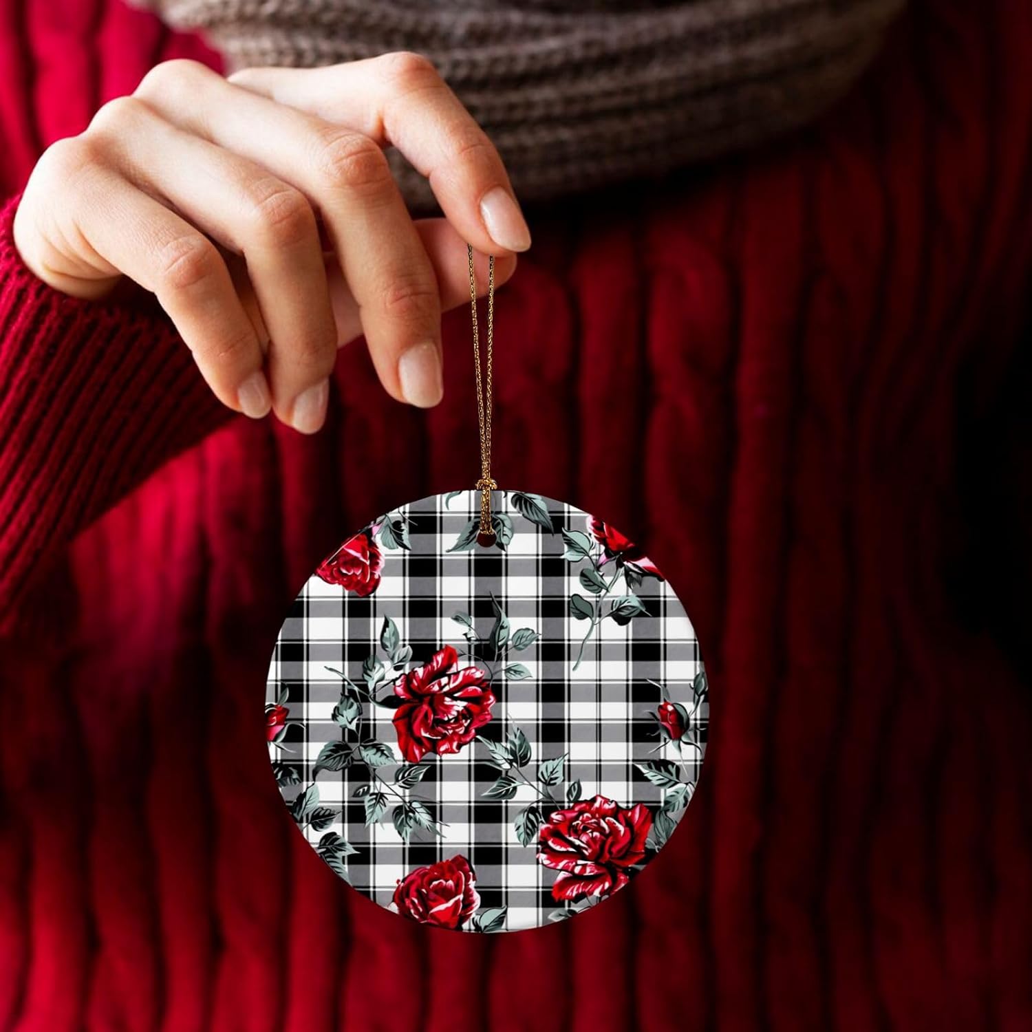 Christmas Ornaments Retro Rose Black Plaid Ceramic Pendant