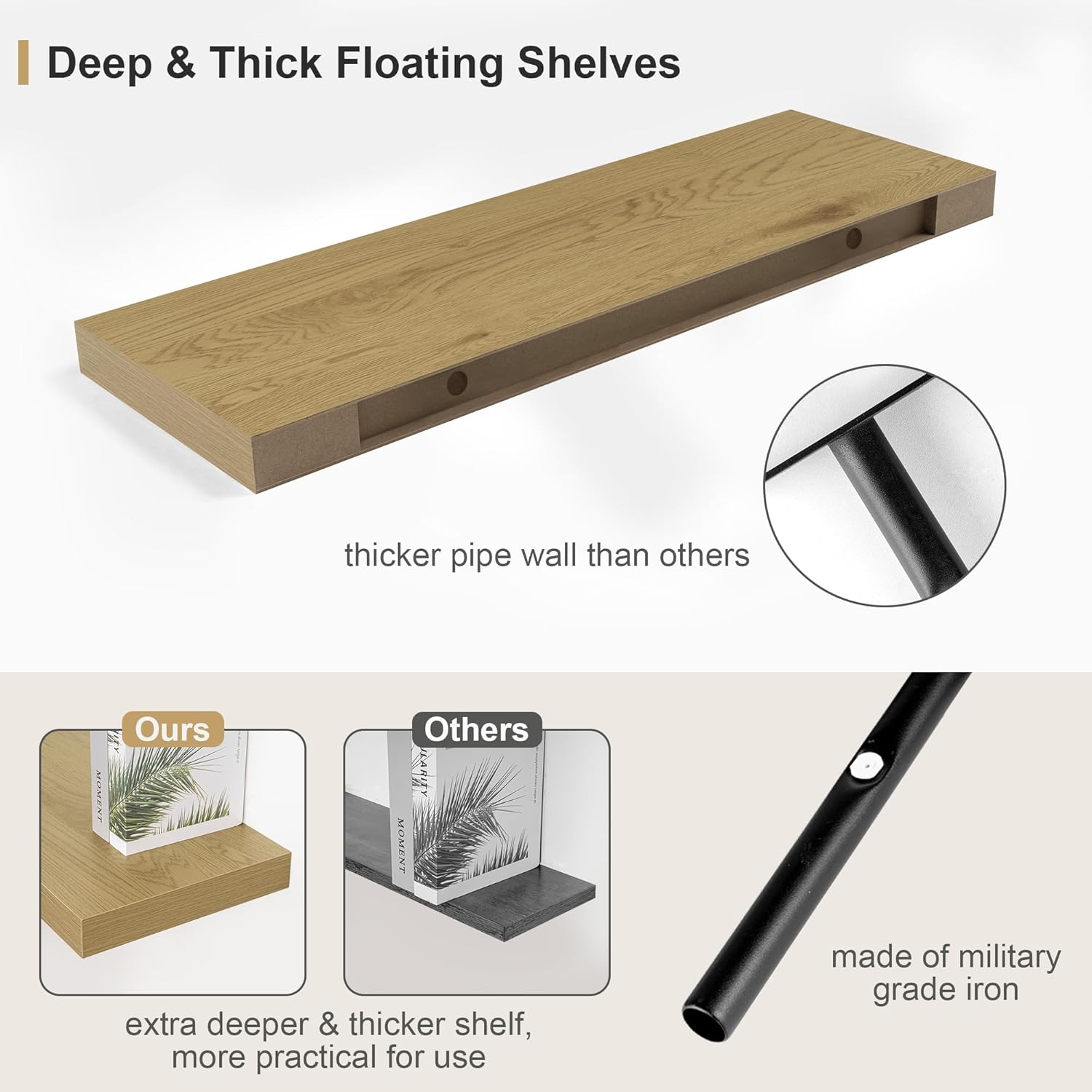 Heimlove 12 Inch Deep Oak Floating Shelves Set of 1