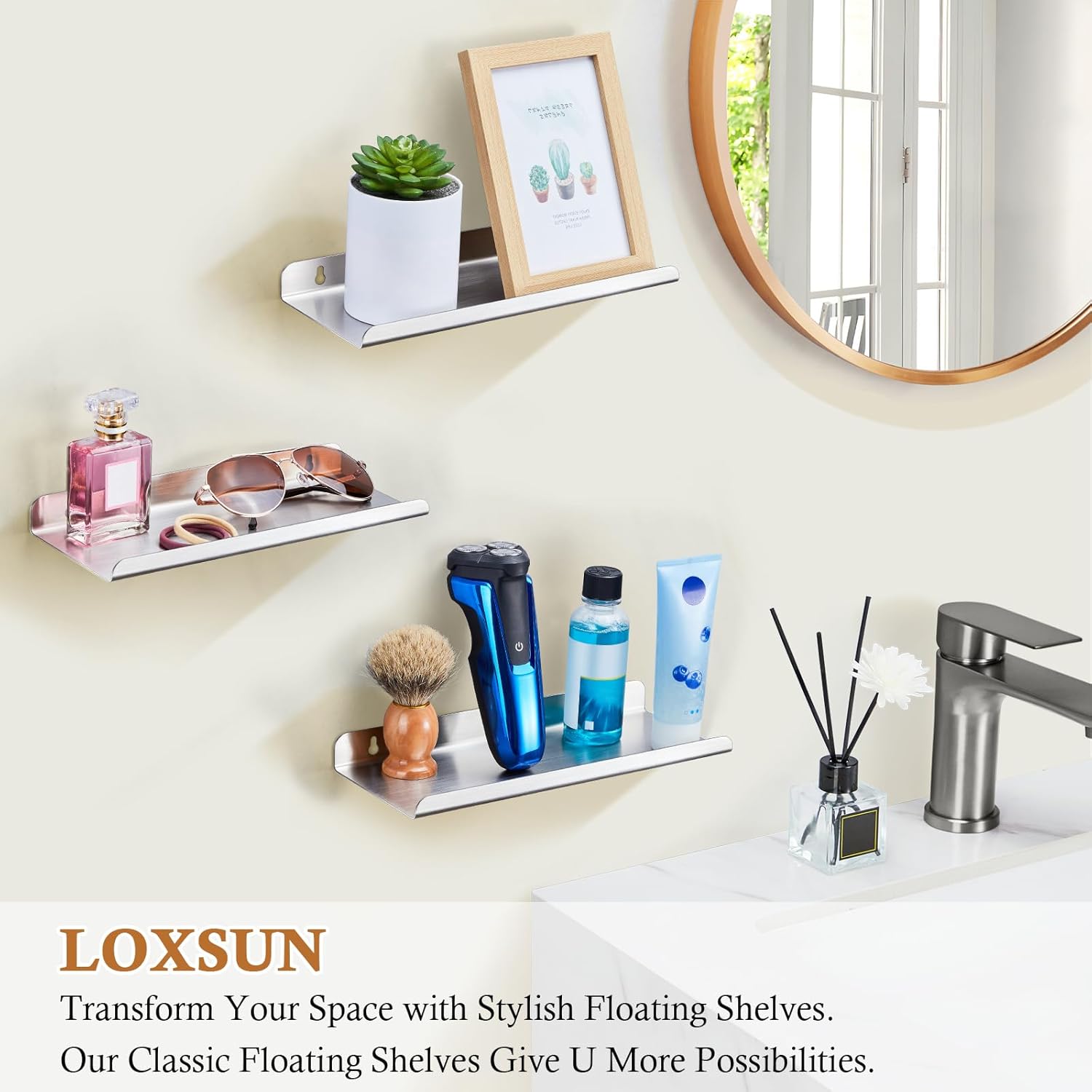 LOXSUN Floating Wall Shelf Stainless Steel No Drilling Shower Organizer