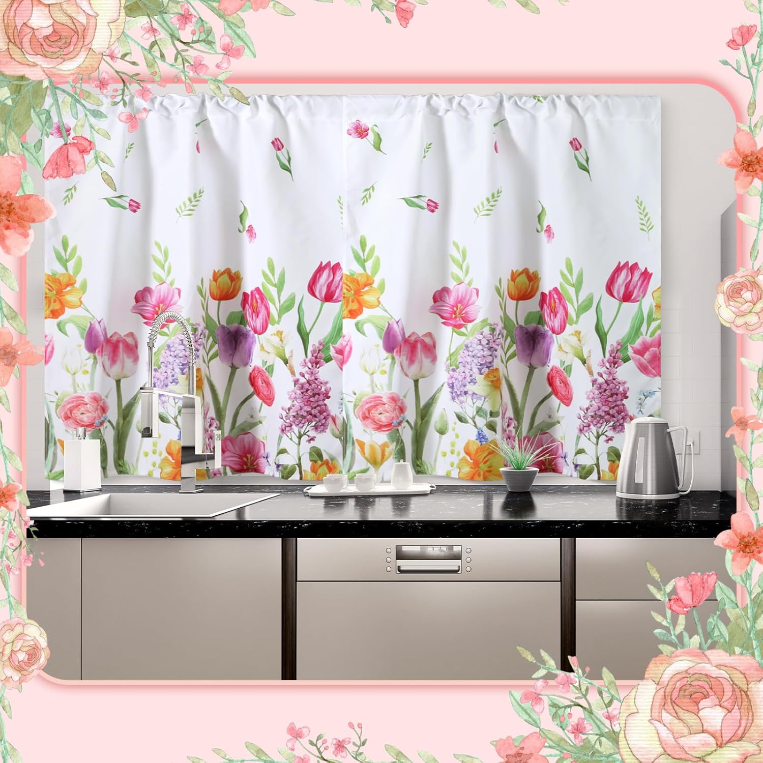 Ganeen 3 Pcs Summer Tulip Kitchen Curtain Set with Valance