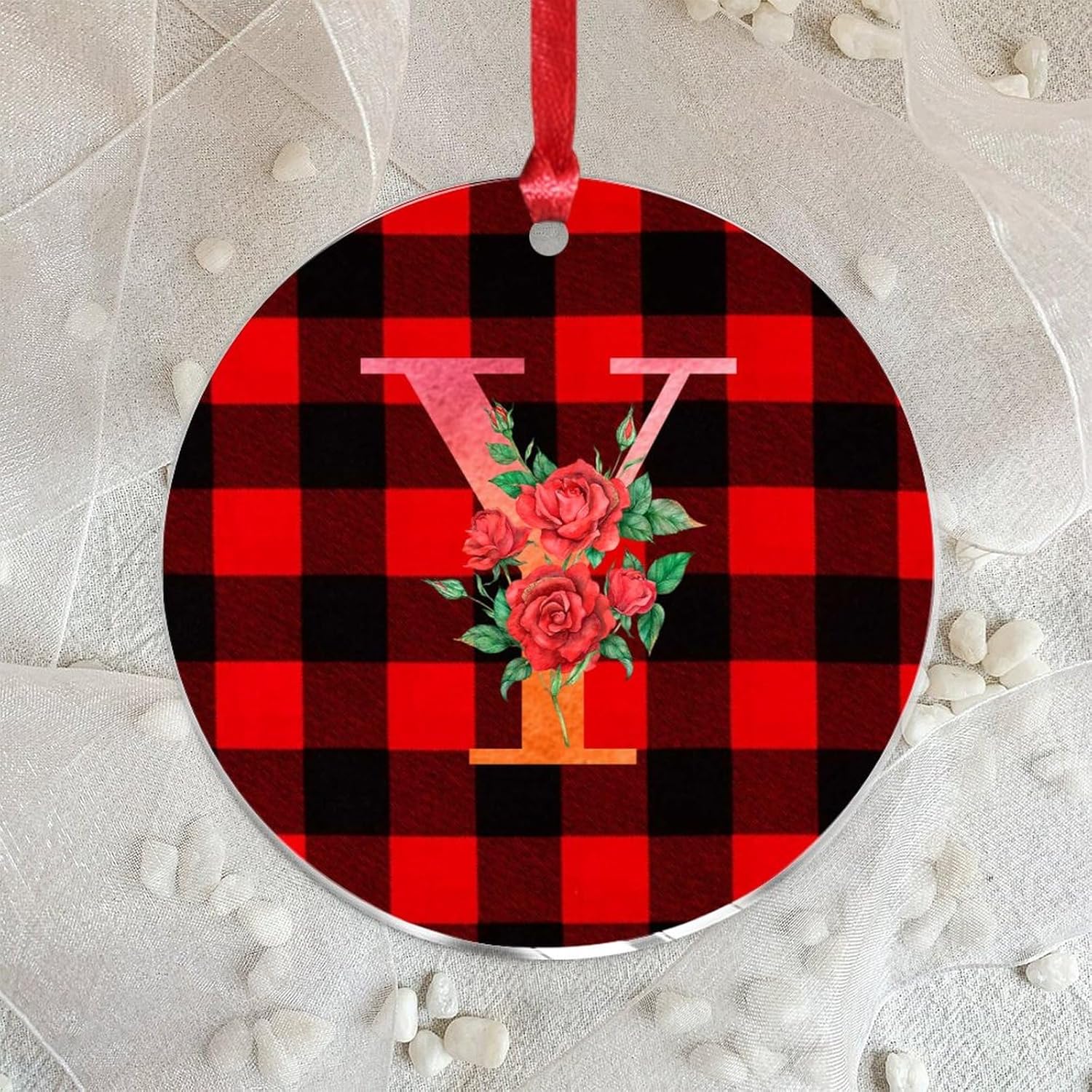 3 Clear Acrylic Christmas Ornament with Red Ribbon Y Initial