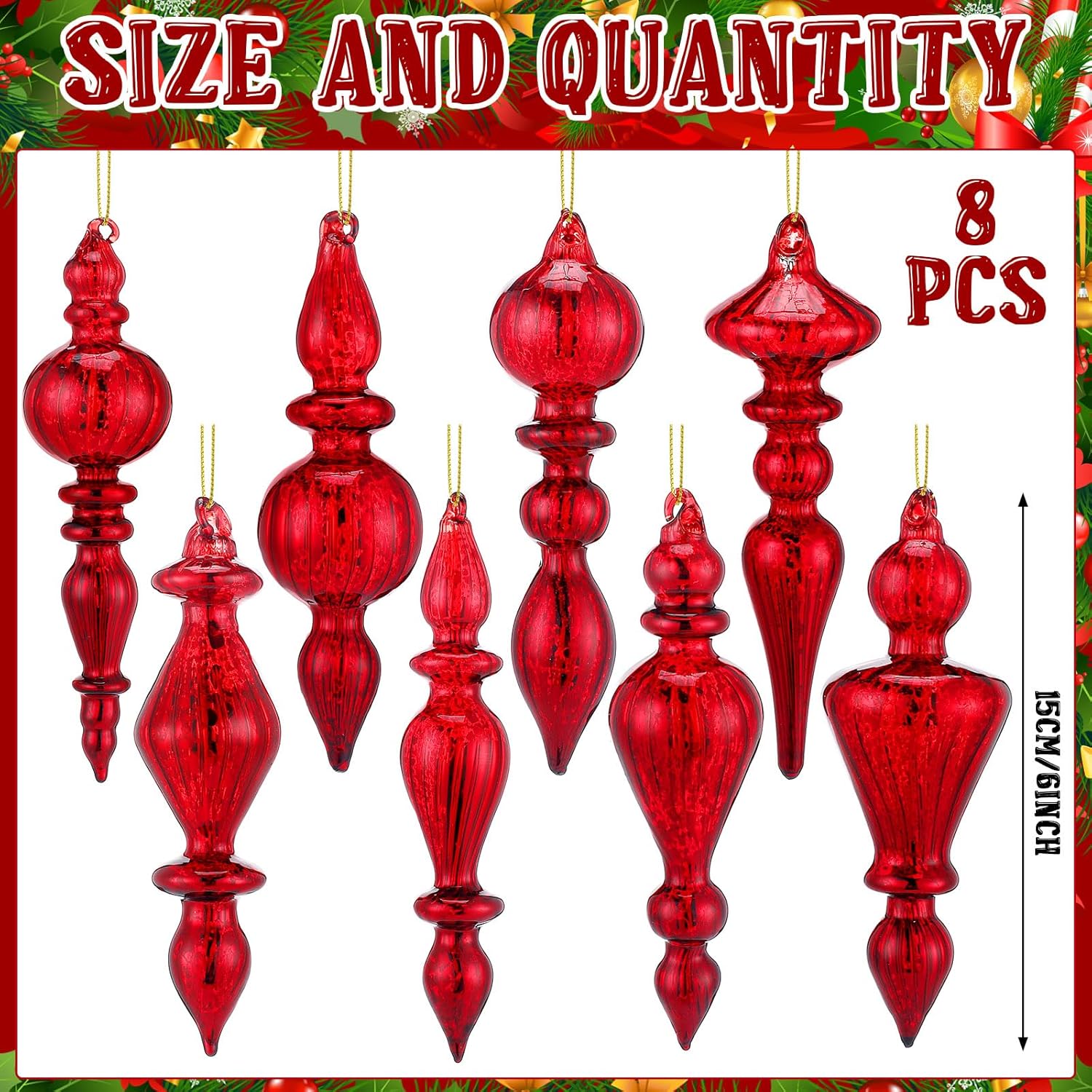 Mifoci 8 Pcs 6 Inch Mercury Glass Finials Christmas Ornaments