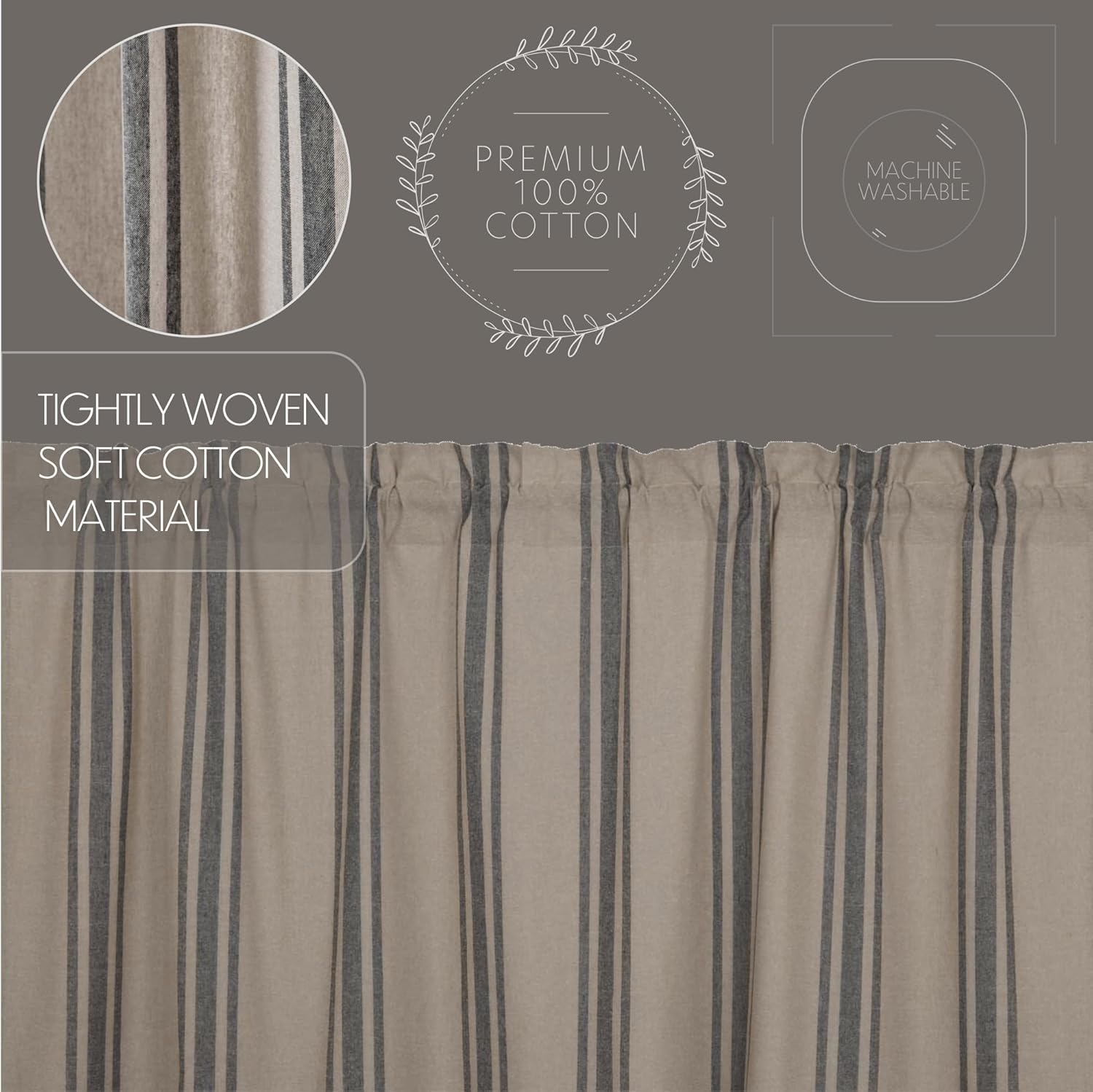 VHC Brands Grain Sack Charcoal Black Stripe Prairie Curtain Panels Set