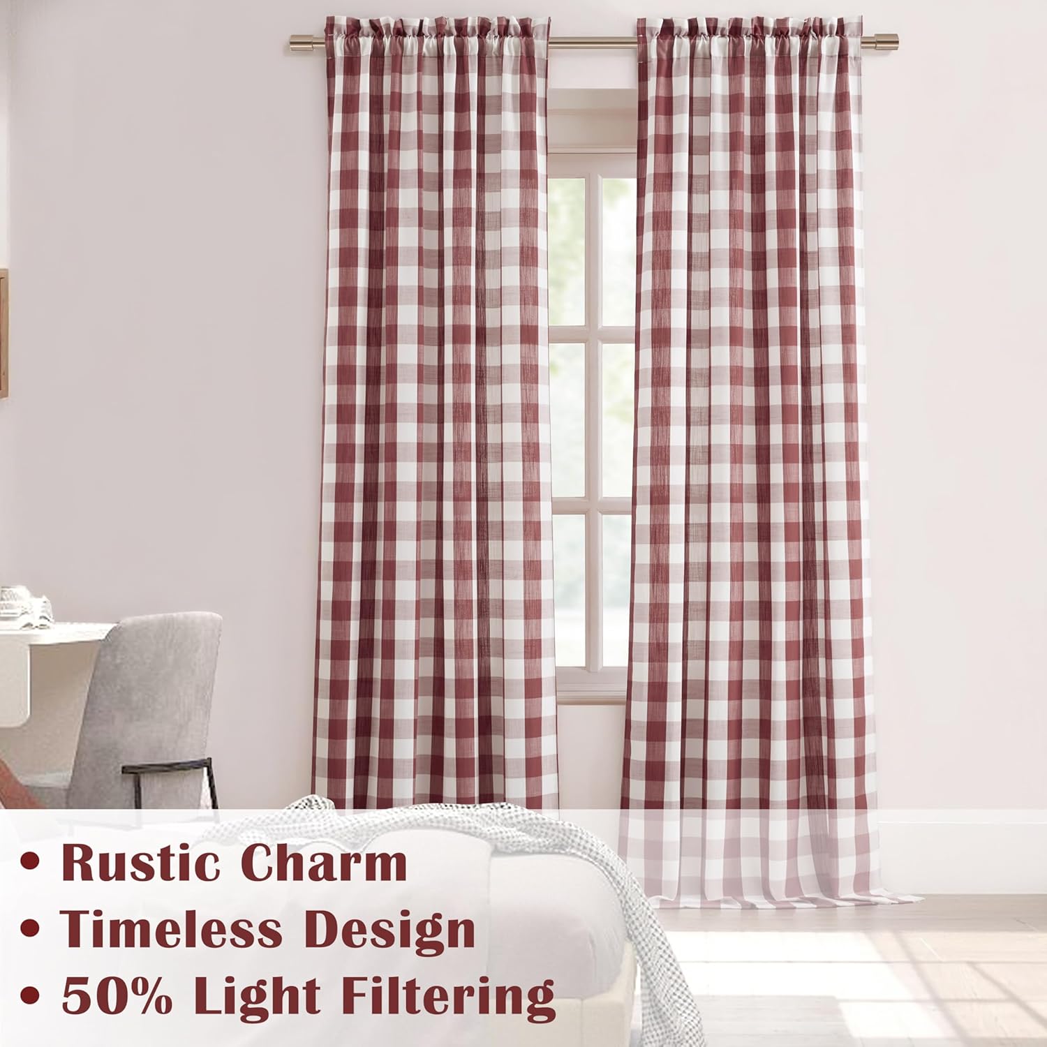 Red White Buffalo Check Window Curtain Panel 54 Inch Long