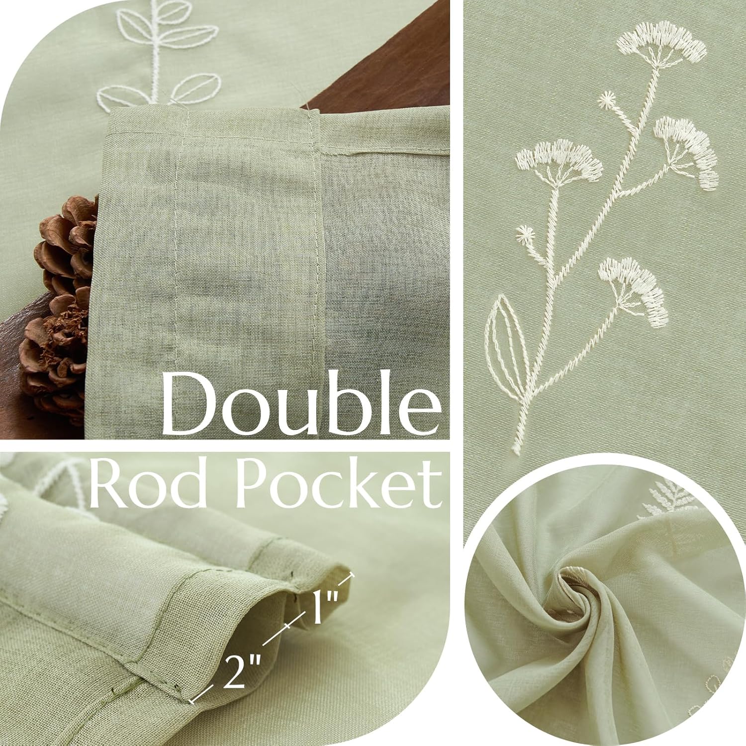 Jinchan French Sheer Door Curtain with Tieback 40 Inches Green on Beige