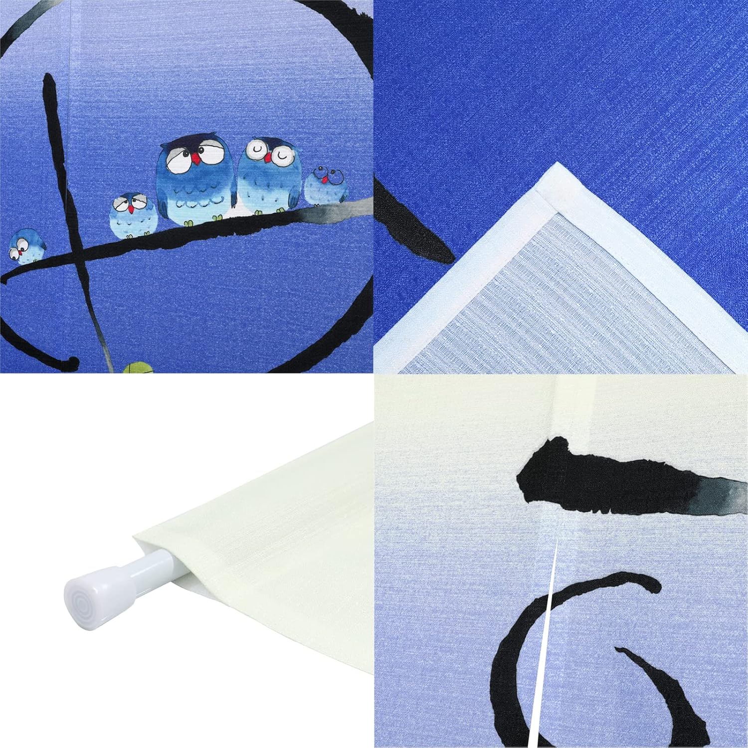 Japanese Noren Door Curtain Owls and Kanji Blue Room Divider