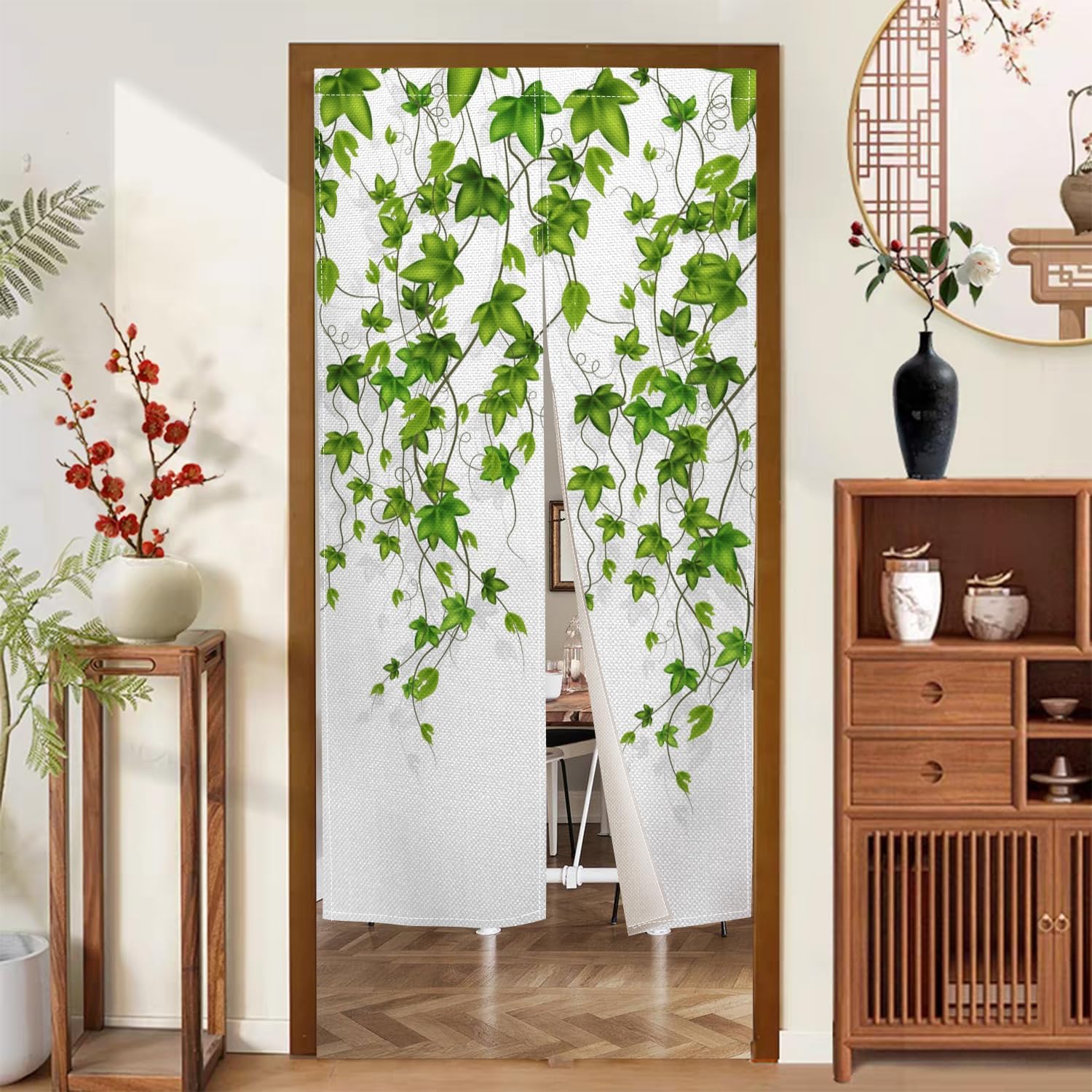 Boho Style Doorway Curtain with Leaf Pattern 34 x 60 Inches