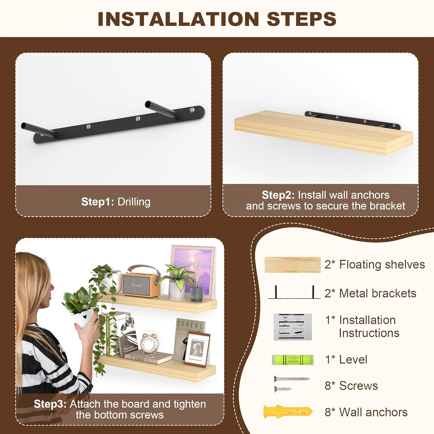 AZSKY Floating Shelves Wall Mount 16 Inch Set of 2