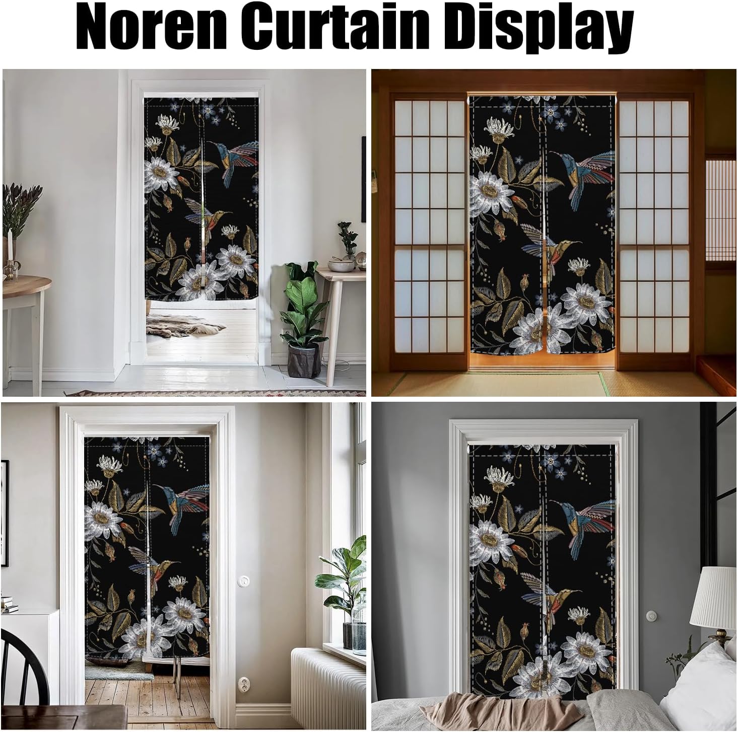 Japanese Noren Door Curtain with Blooming Flowers and Birds Pattern