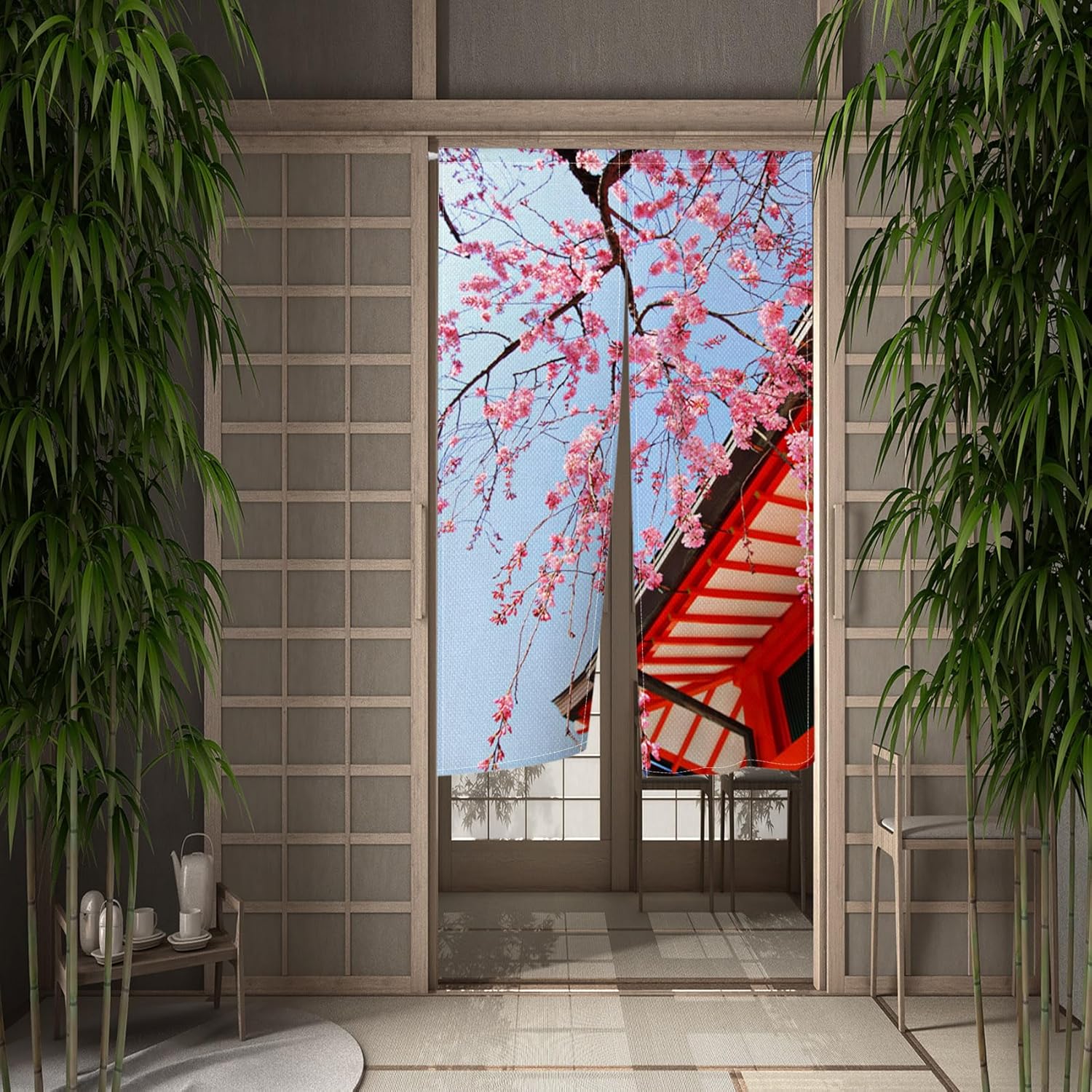 Leowefowa Japanese Noren Door Curtain Panel Spring Pink Cherry Blossom
