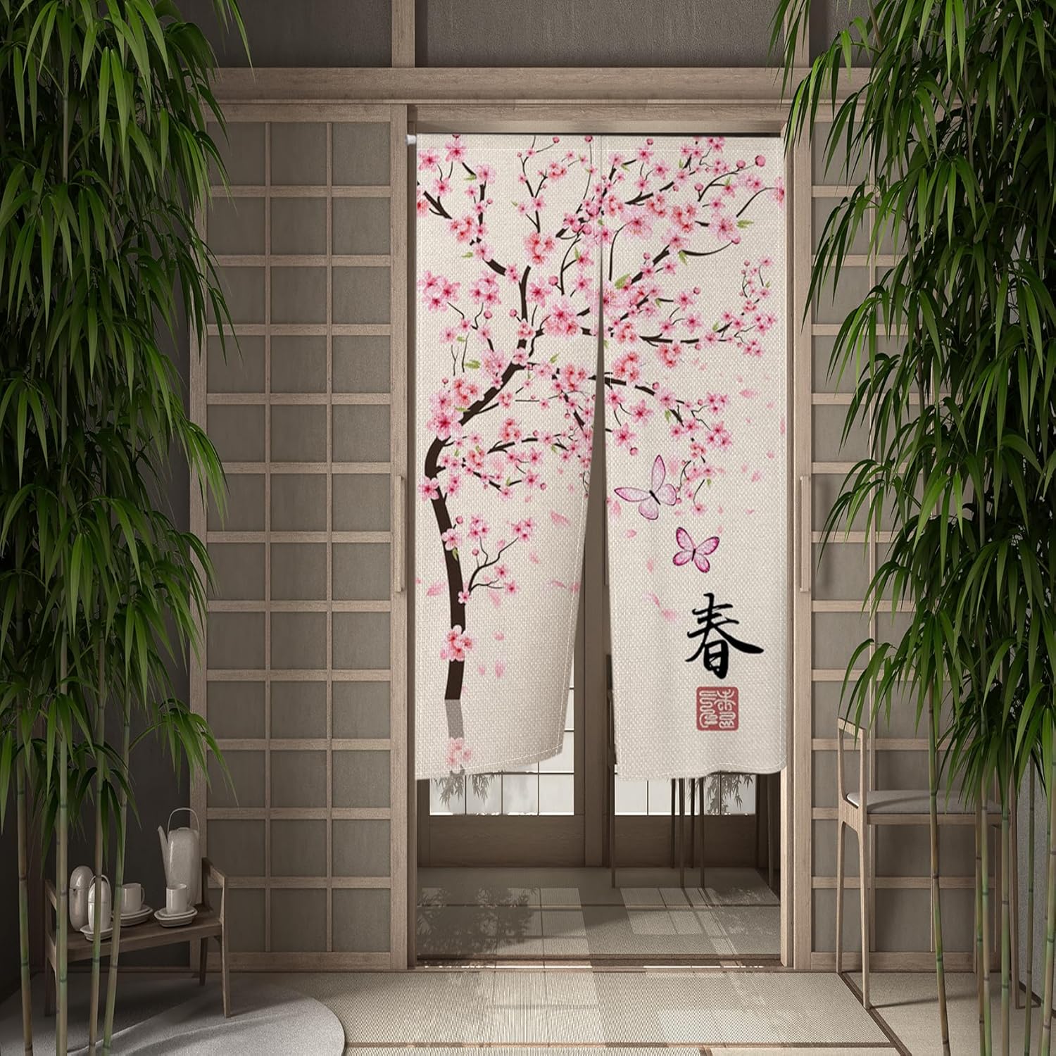 Leowefowa Japanese Noren Door Curtain Pink Cherry Blossom Design