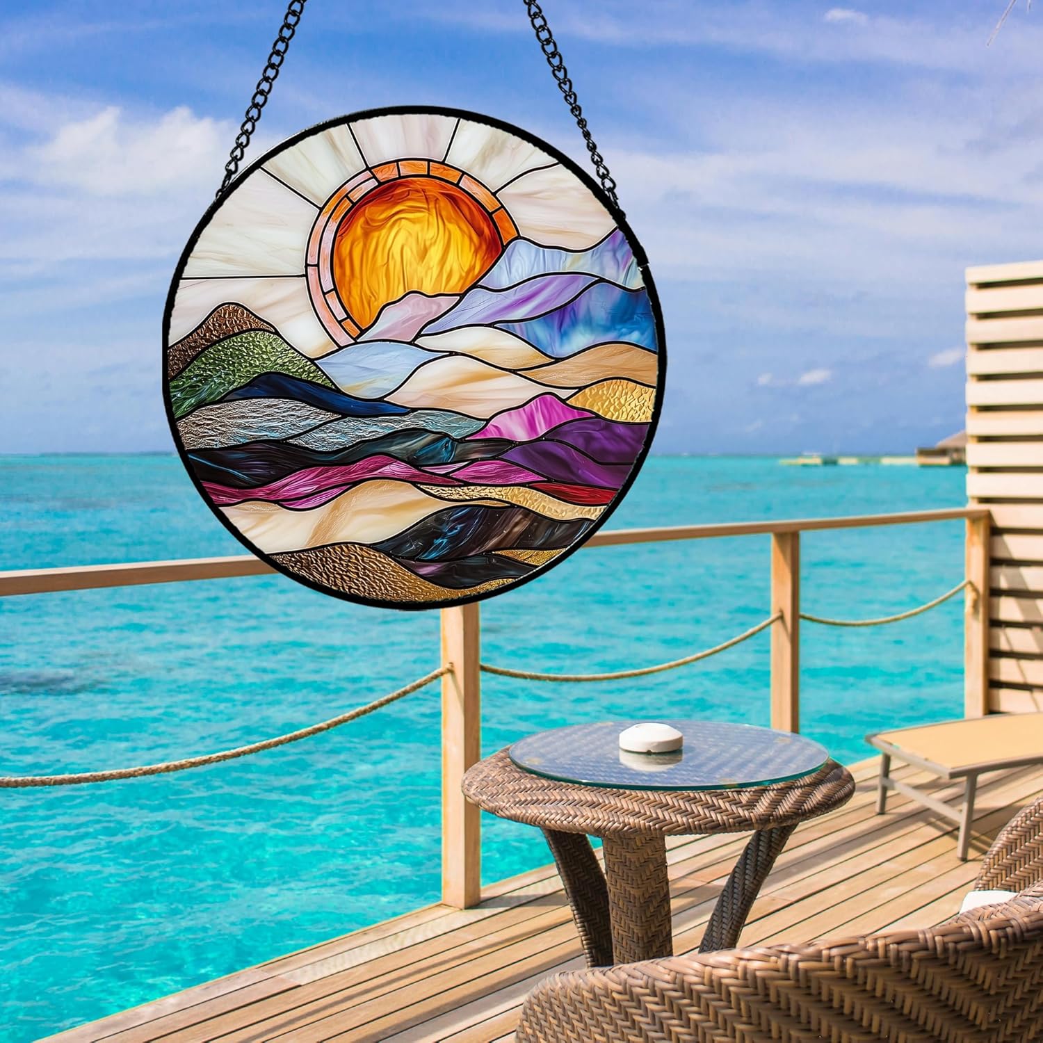 Golden Sun Abstract Landscape Stained Glass Window Hanging