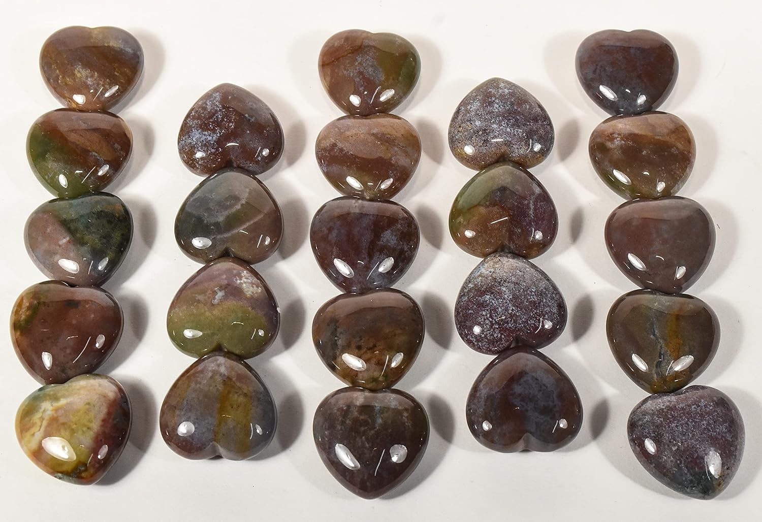 Heart Shaped Gemstone Collection with Red Orange Green Moss Agate