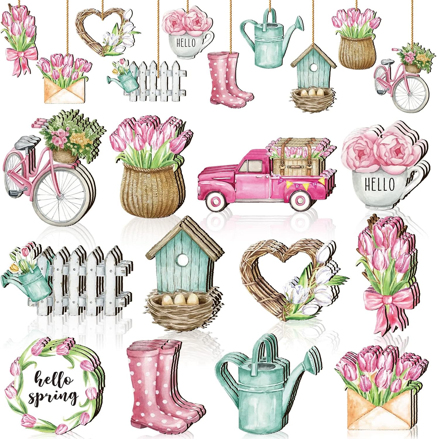 Maitys 36 Pcs Pastel Wooden Flower Hanging Decorations