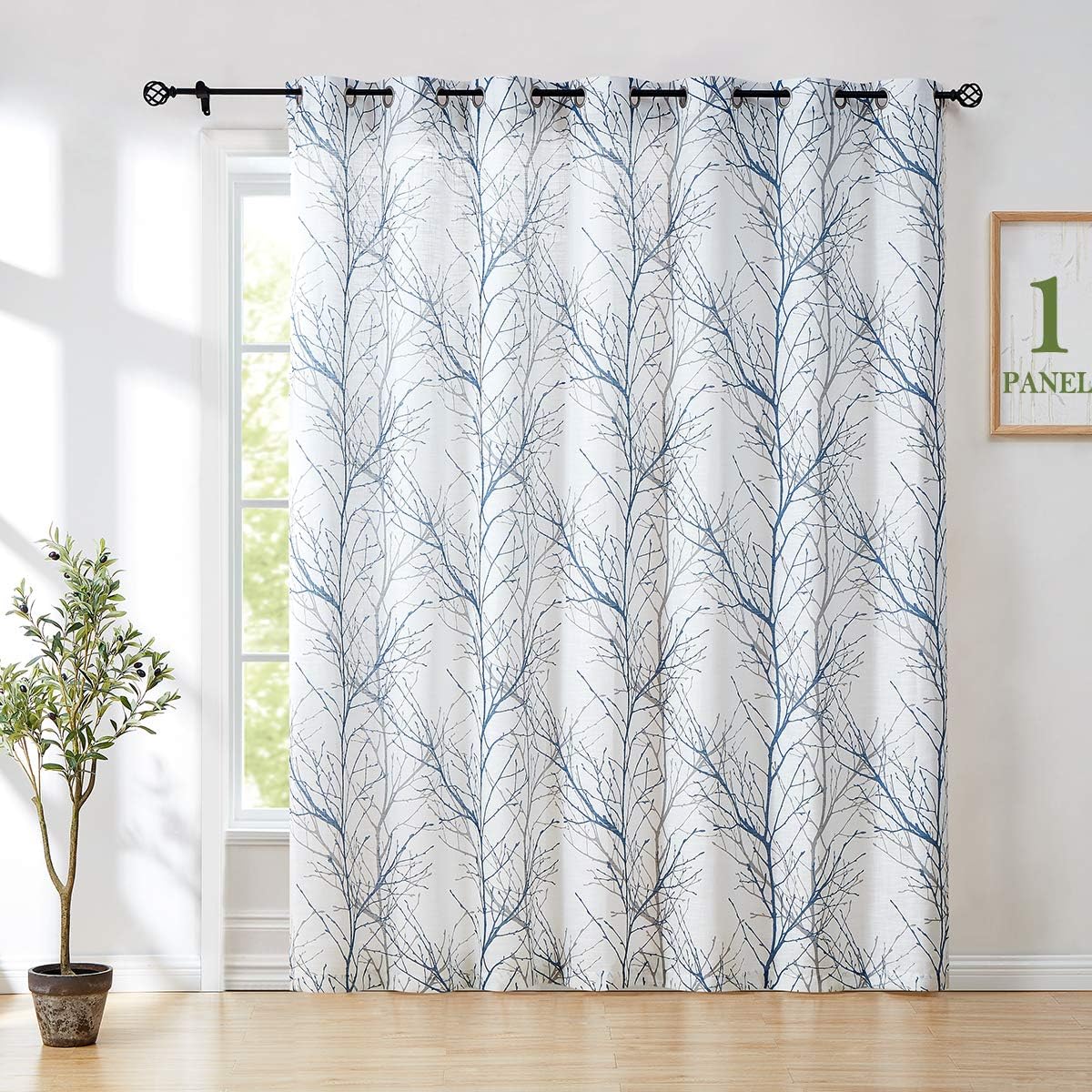 FMFUNCTEX Blue White Branch Tree Print Curtain Panel