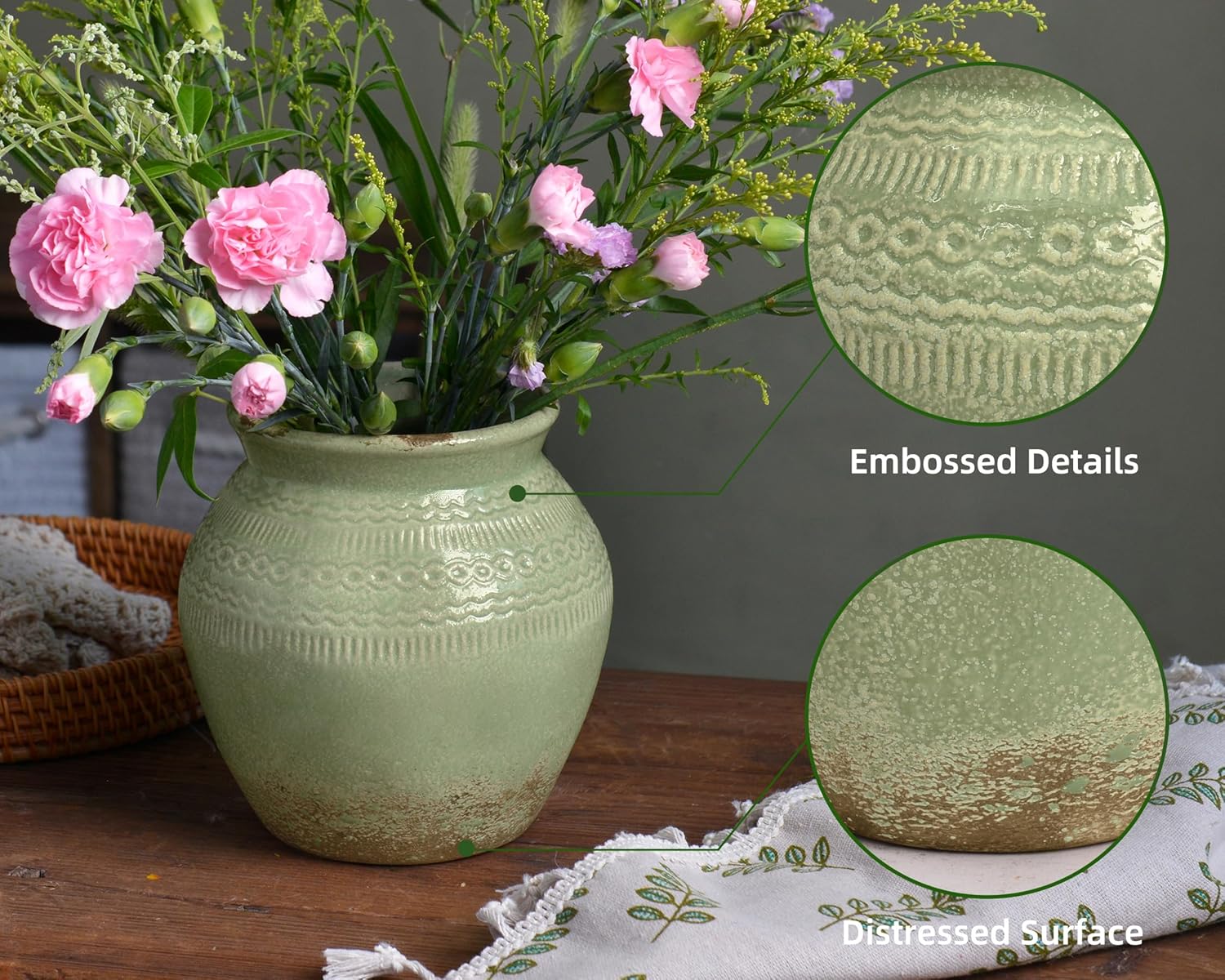 Quoowiit Ceramic Rustic Farmhouse Vase Green