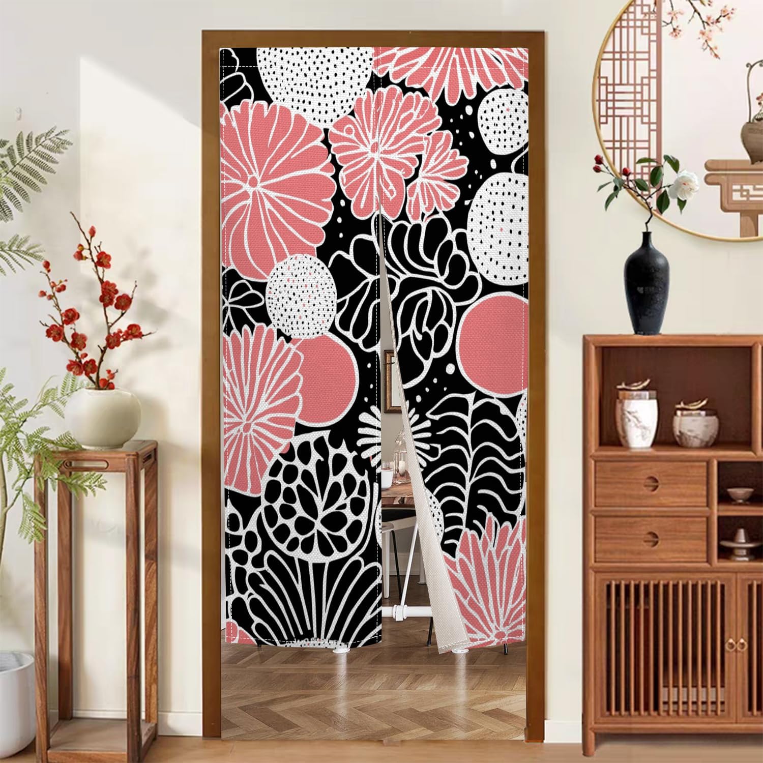 Traditional Japanese Noren Door Curtain Black Pink Flowers 283x472