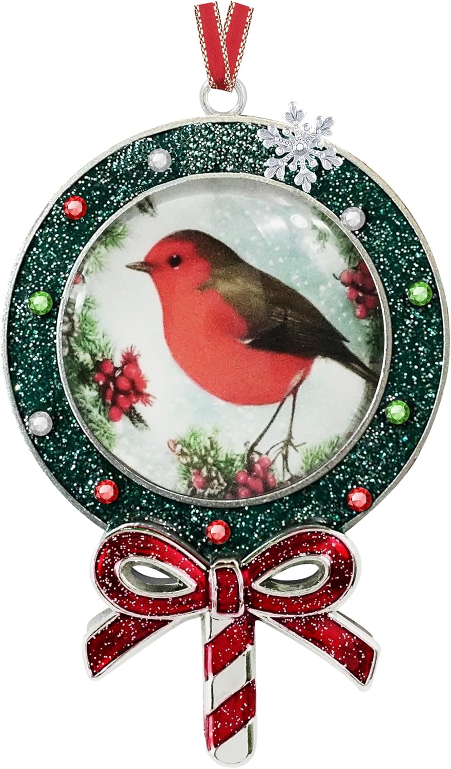 Gixpop Glitter Lollipop Christmas Ornament with Robin Bird