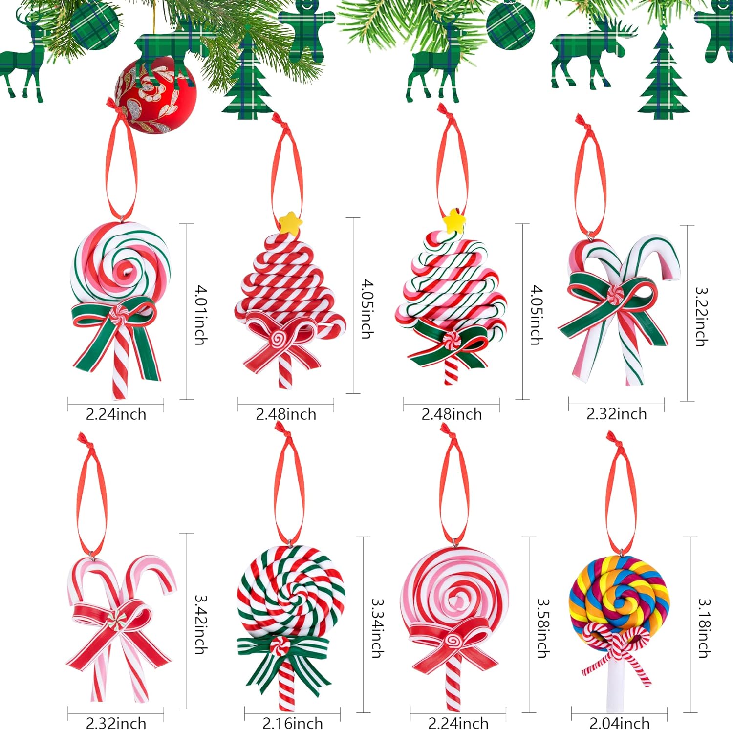 8 Piece Christmas Lollipop Ornament Set - Red Ribbon Hanging Decorations
