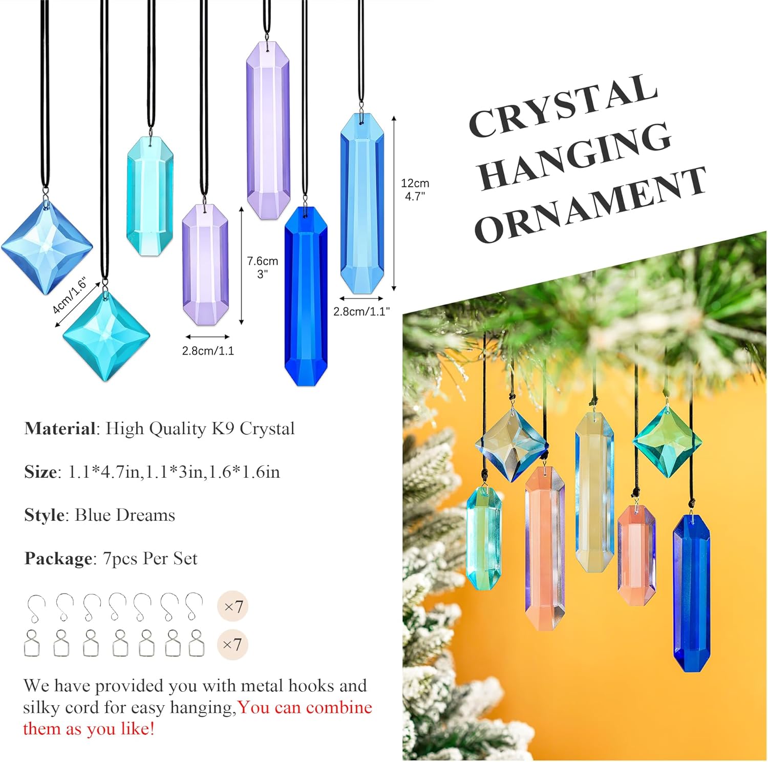 7 Pack Crystal Ornaments for Christmas Tree and Window