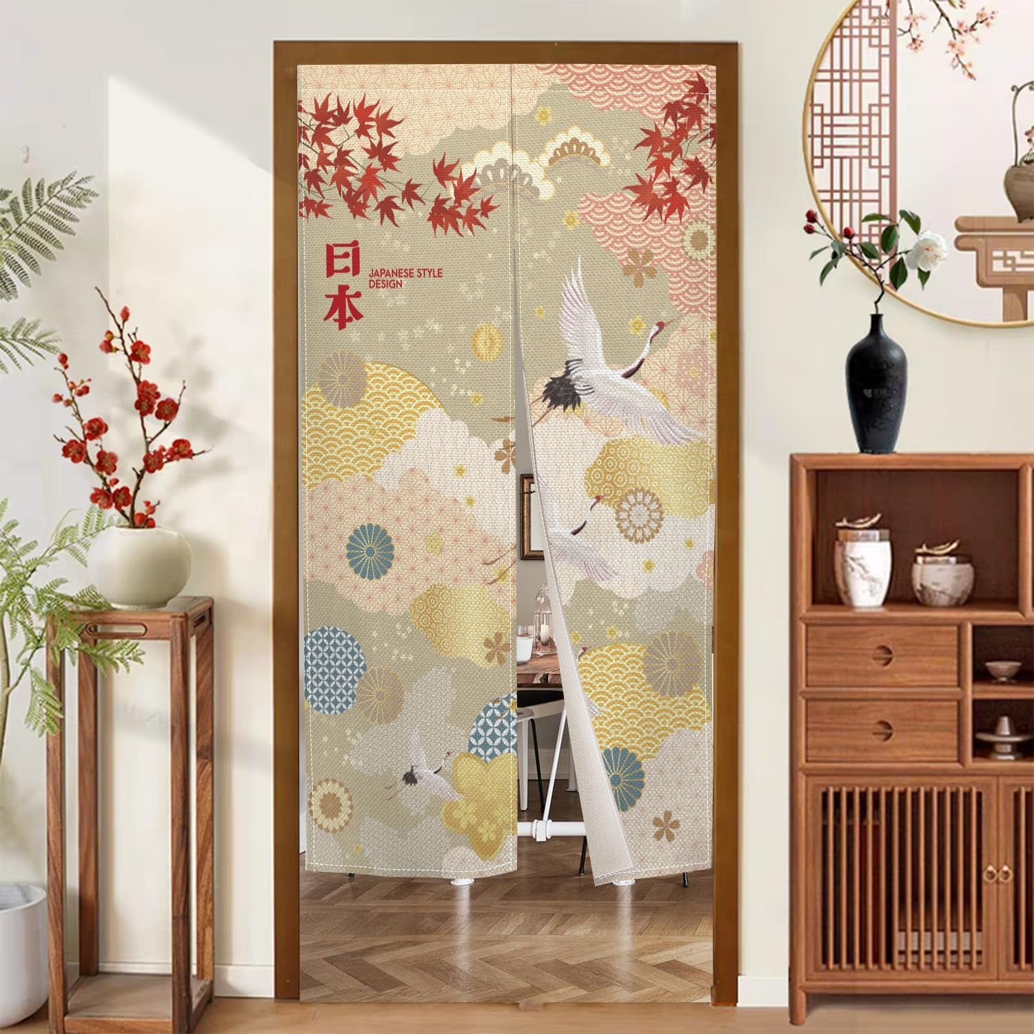 Japanese Style Noren Door Curtain with Maple Leaf and Crane Designs