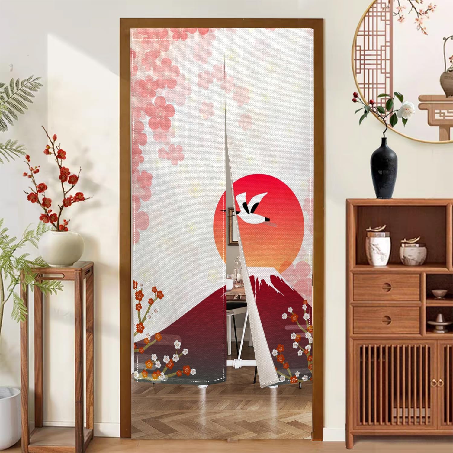 Japanese Noren Door Curtain with Red Sun Print