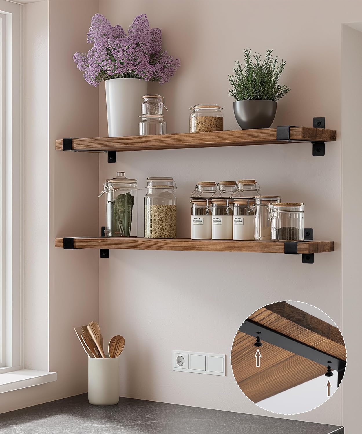 Gronda 24 Inch Rustic Pine Floating Shelves Set of 2