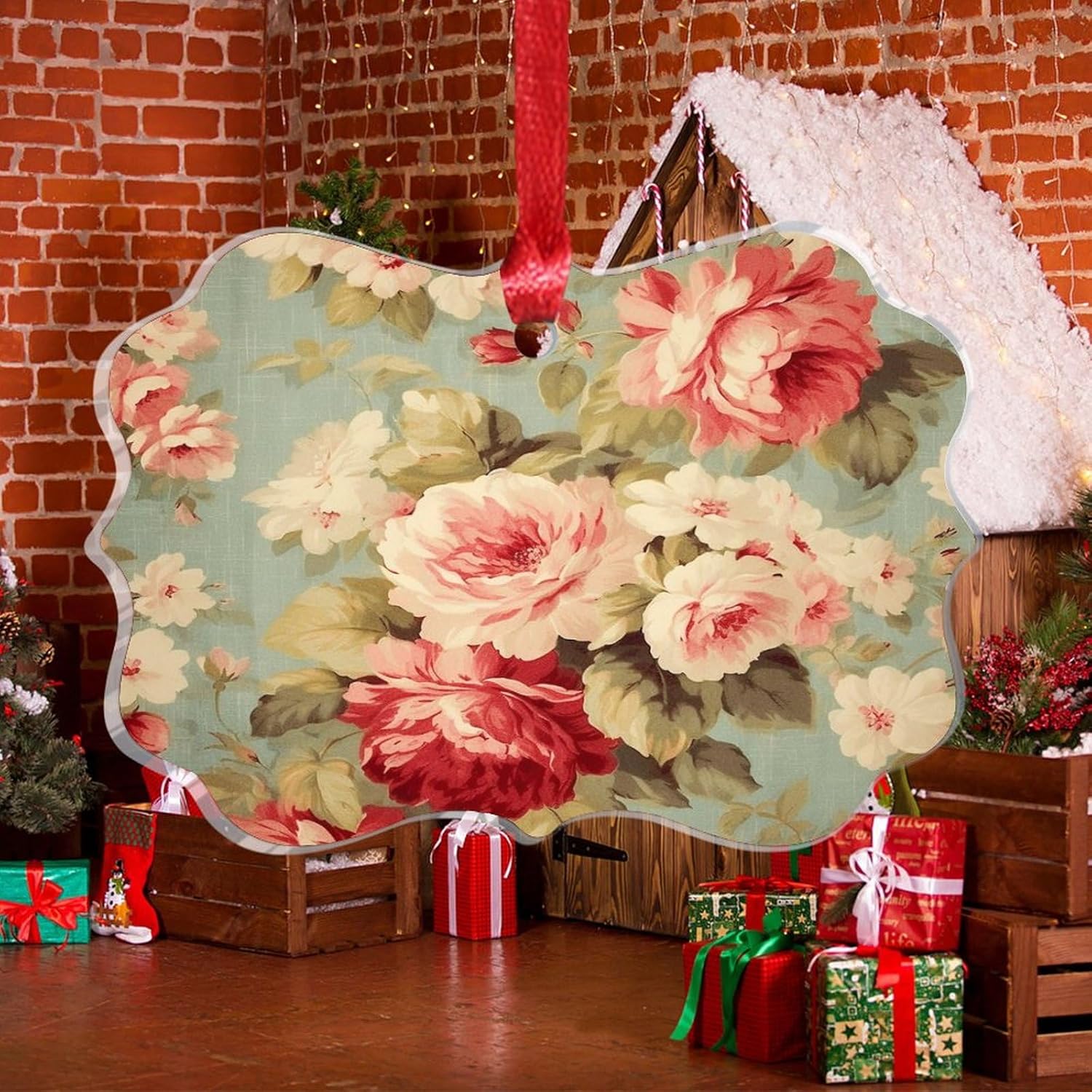Clear Acrylic Christmas Ornament with Red Pink Roses