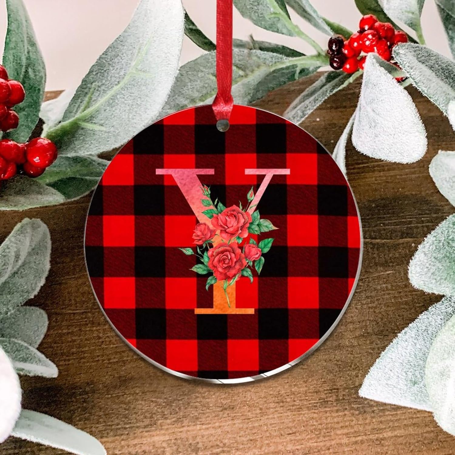 3 Clear Acrylic Christmas Ornament with Red Ribbon Y Initial