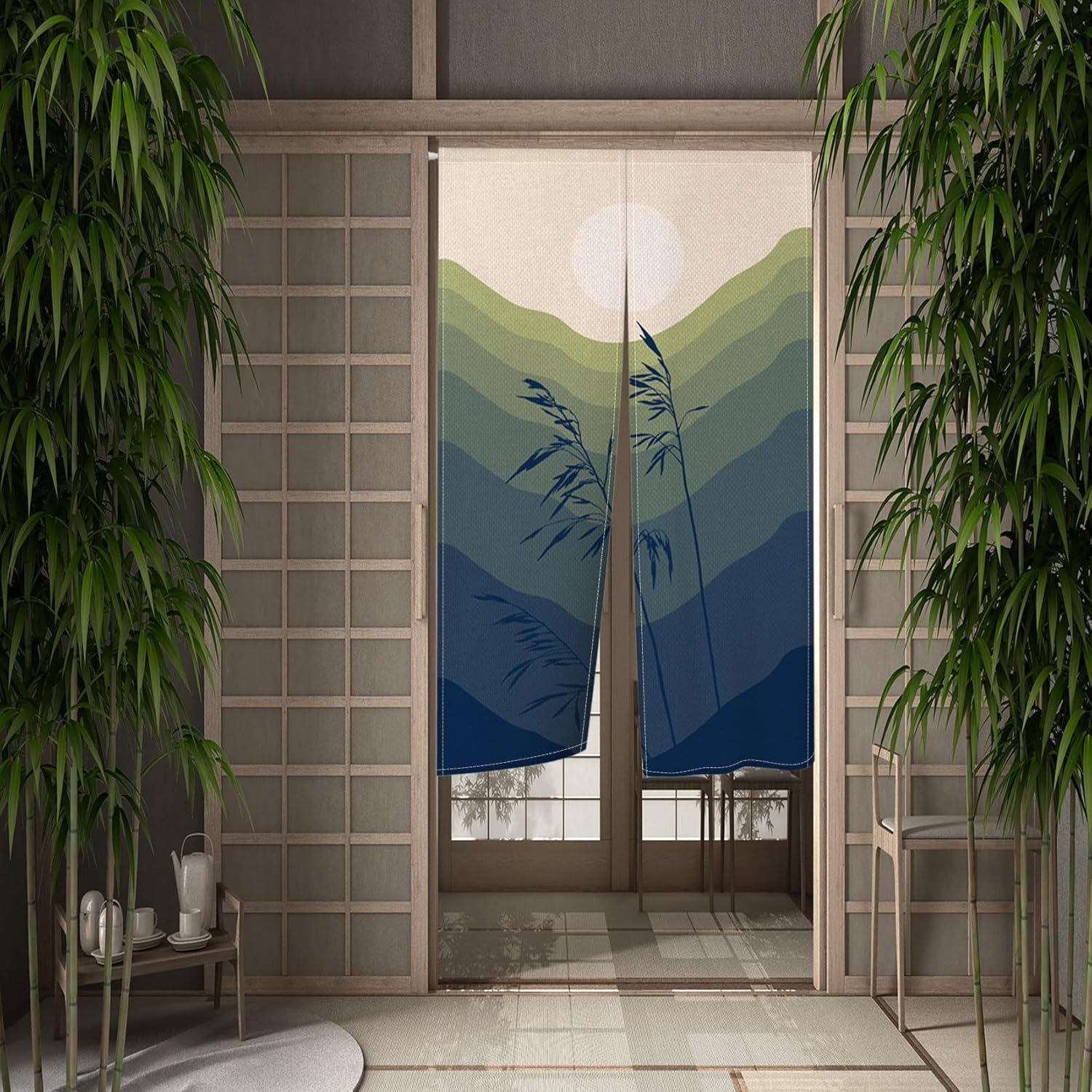 Leowefowa Japanese Doorway Curtain Noren Boho Style Green