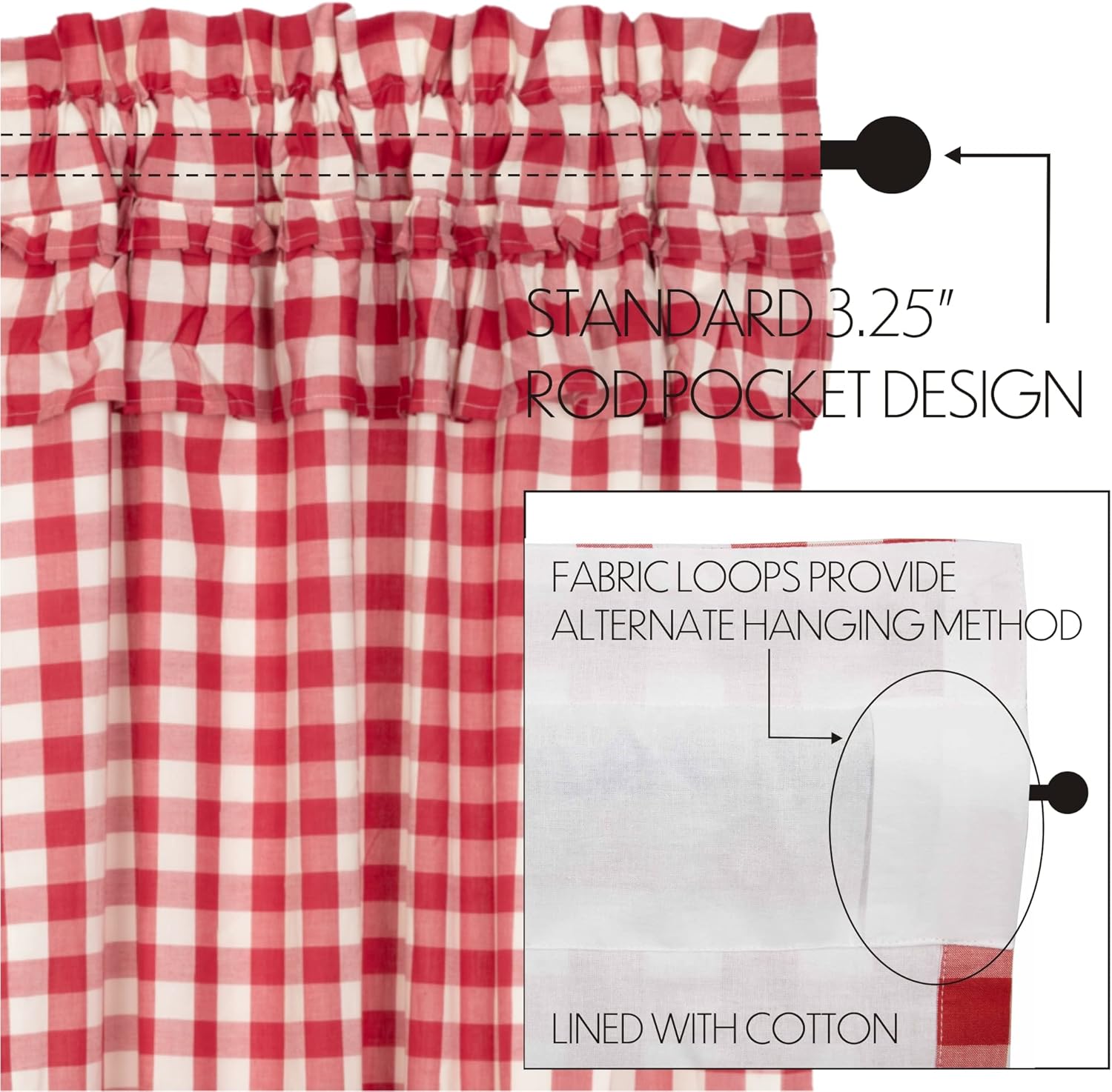 VHC Brands Red Buffalo Check Curtains with Drawstring and Ruffles