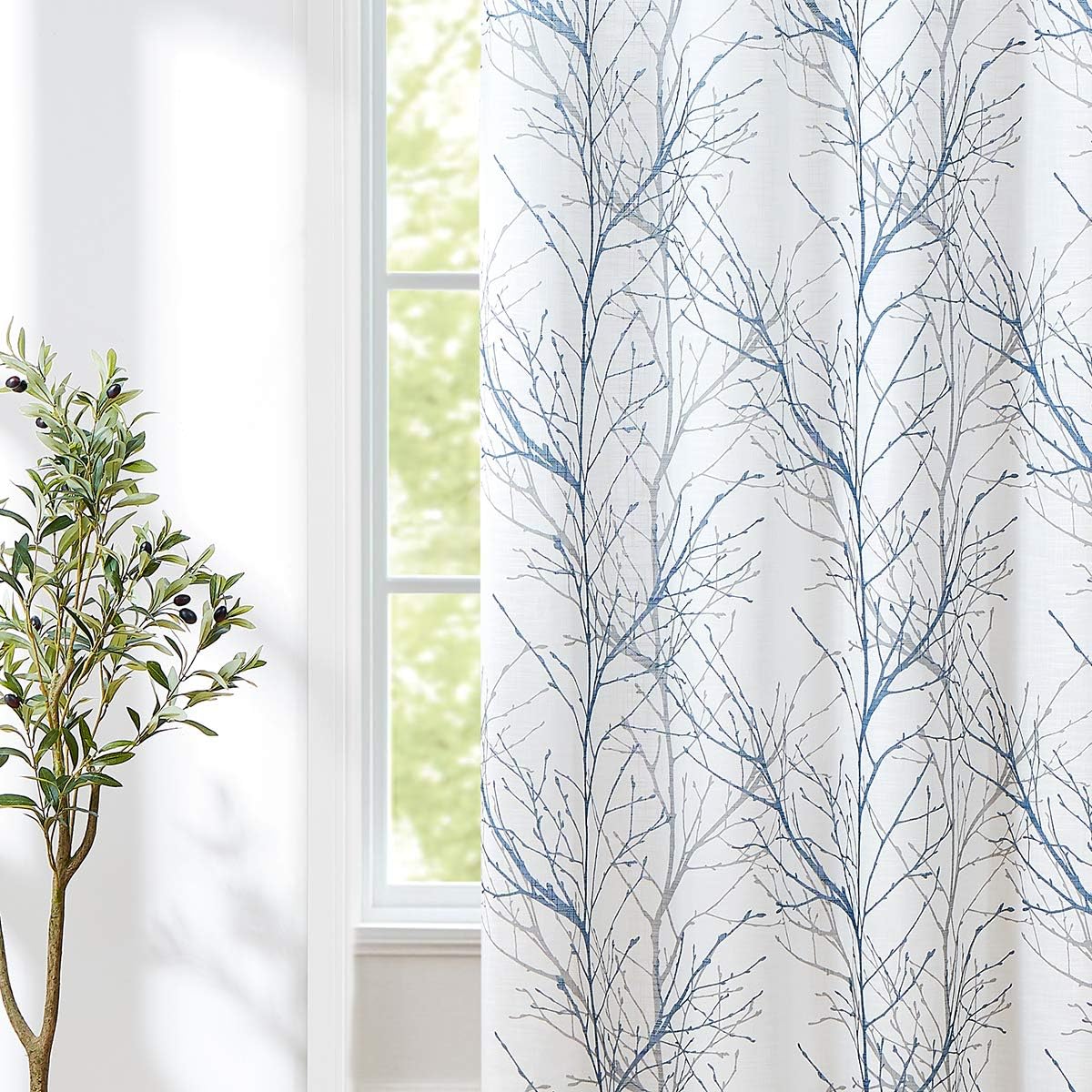 FMFUNCTEX Blue White Branch Tree Print Curtain Panel