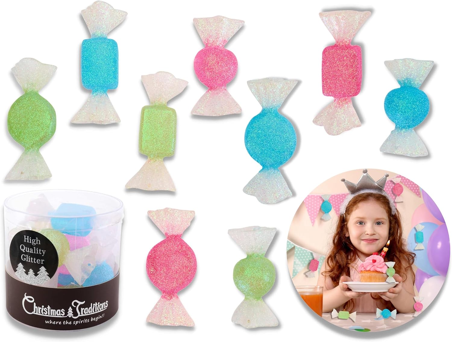 Christmas Traditions 3 to 35 Inch Iridescent Glitter Candy Ornaments Set of 9