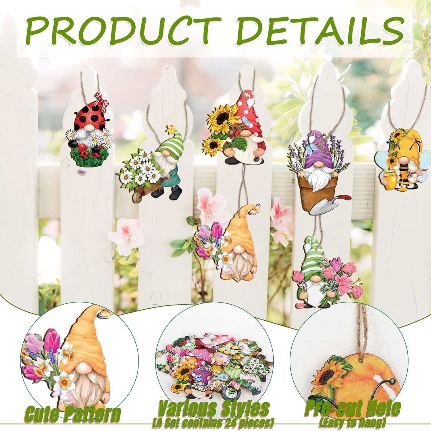 Spring Hanging Ornament Gnomes Flowers Wooden Decor 24 Pack