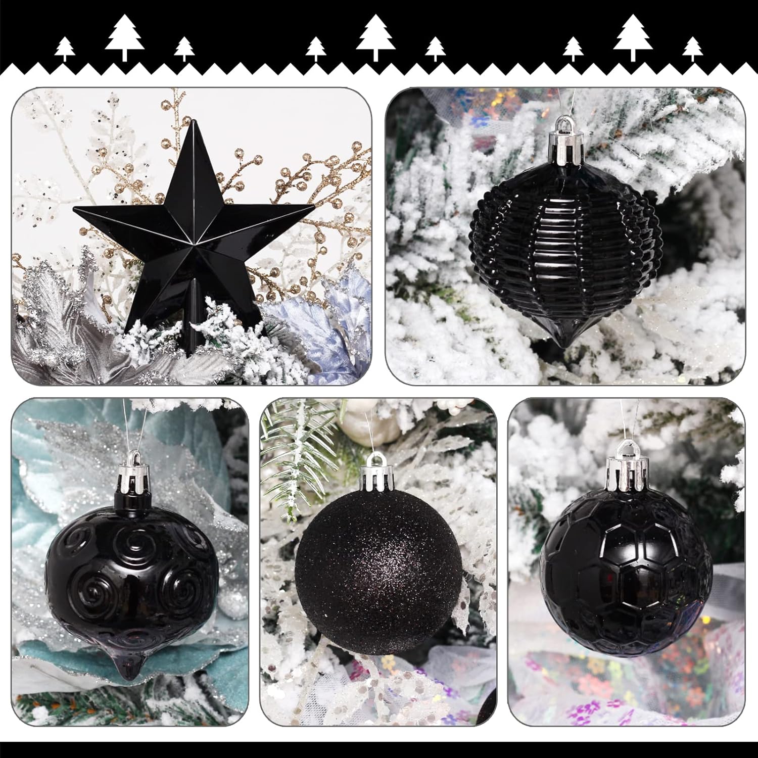 52-Pack Shatterproof Black Christmas Tree Ornaments with Star Topper