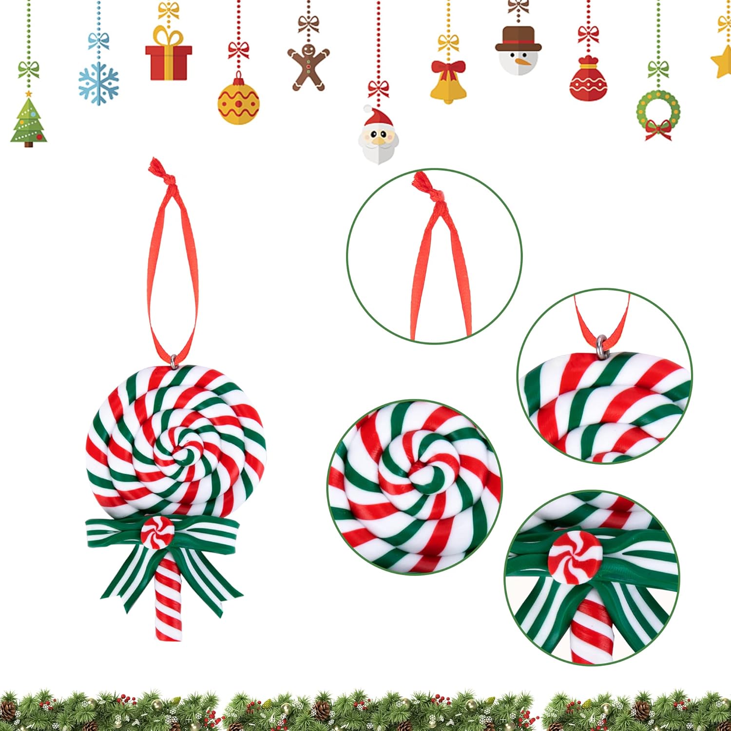 8 Piece Christmas Lollipop Ornament Set - Red Ribbon Hanging Decorations