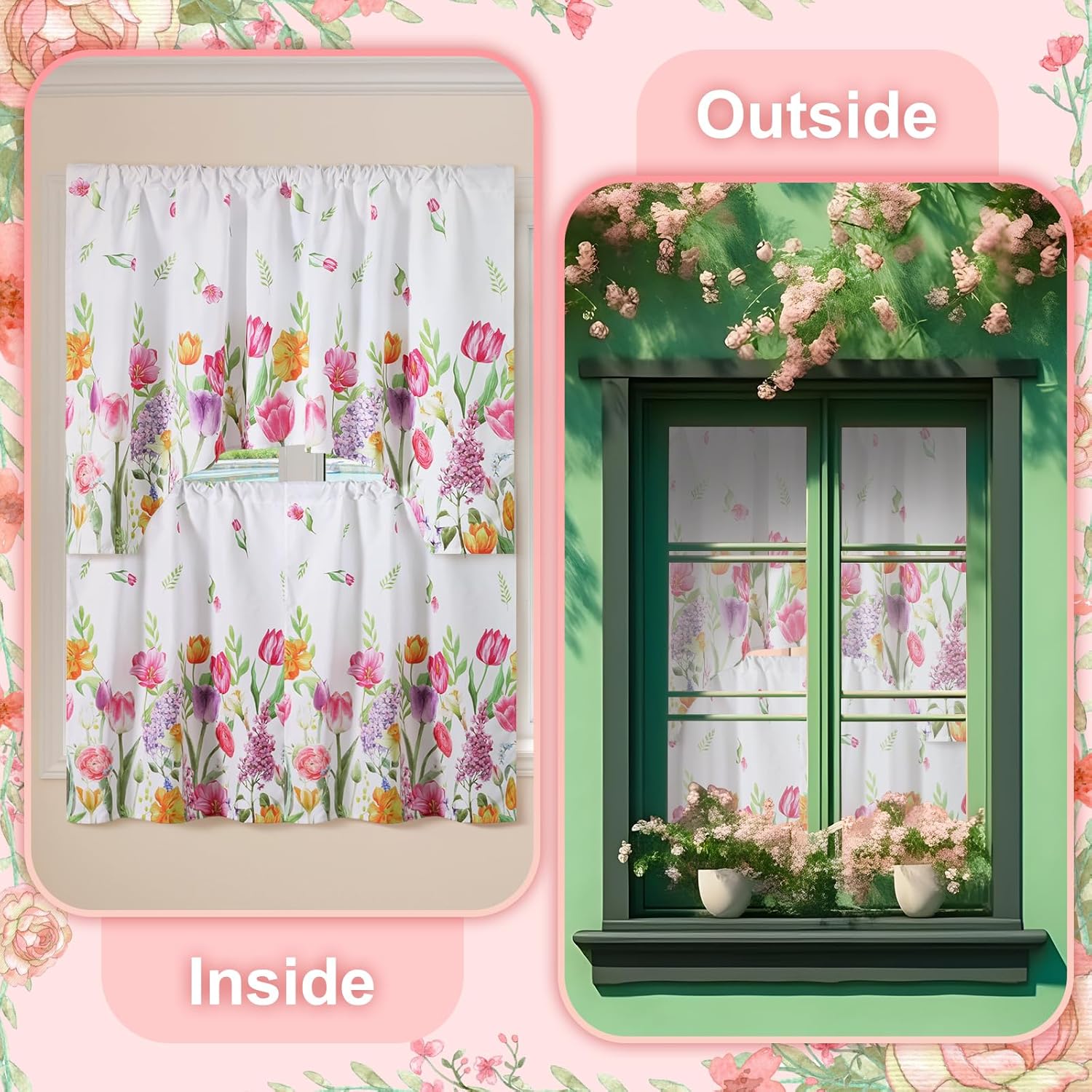 Ganeen 3 Pcs Summer Tulip Kitchen Curtain Set with Valance