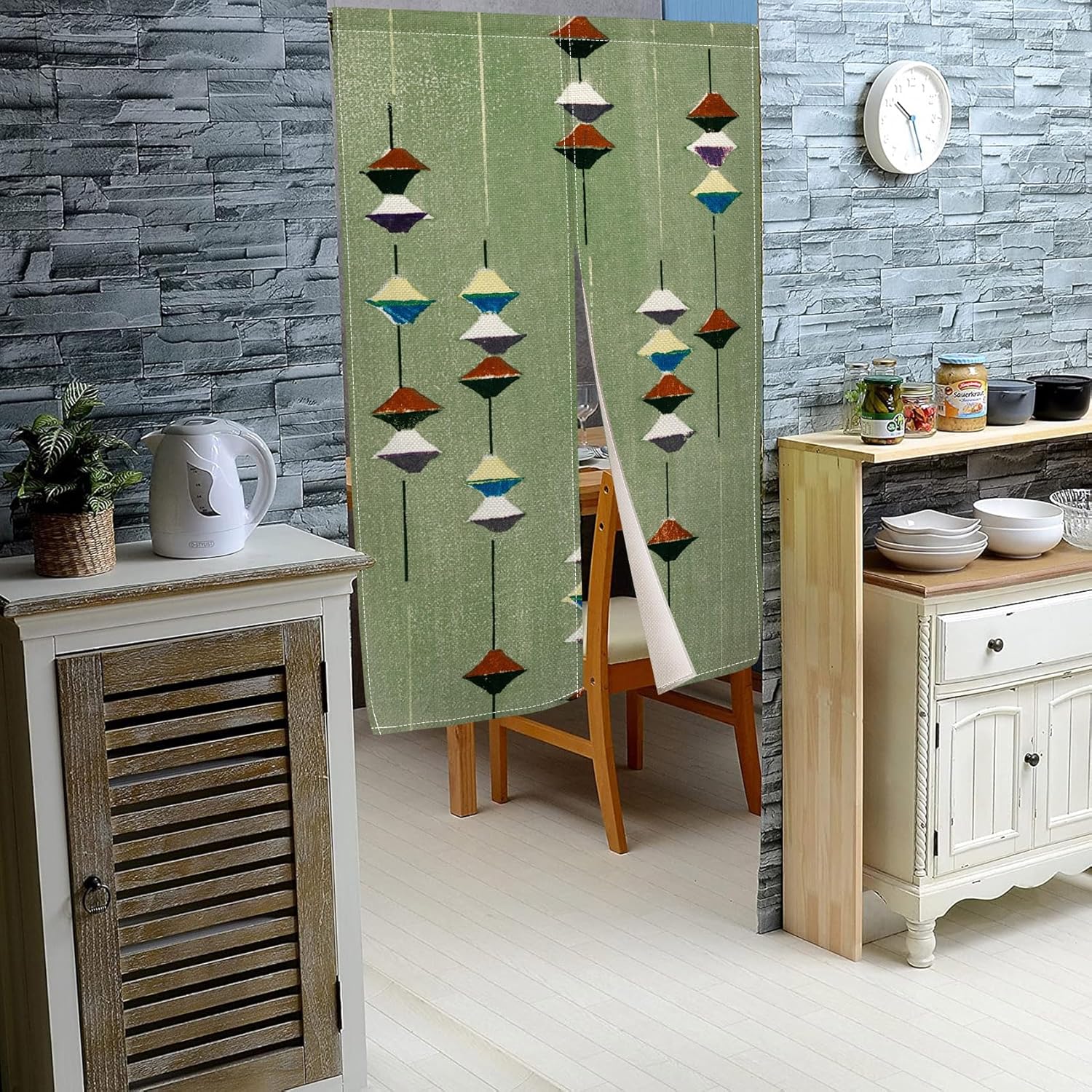 Leowefowa Noren Door Curtain Green Geometry Panel