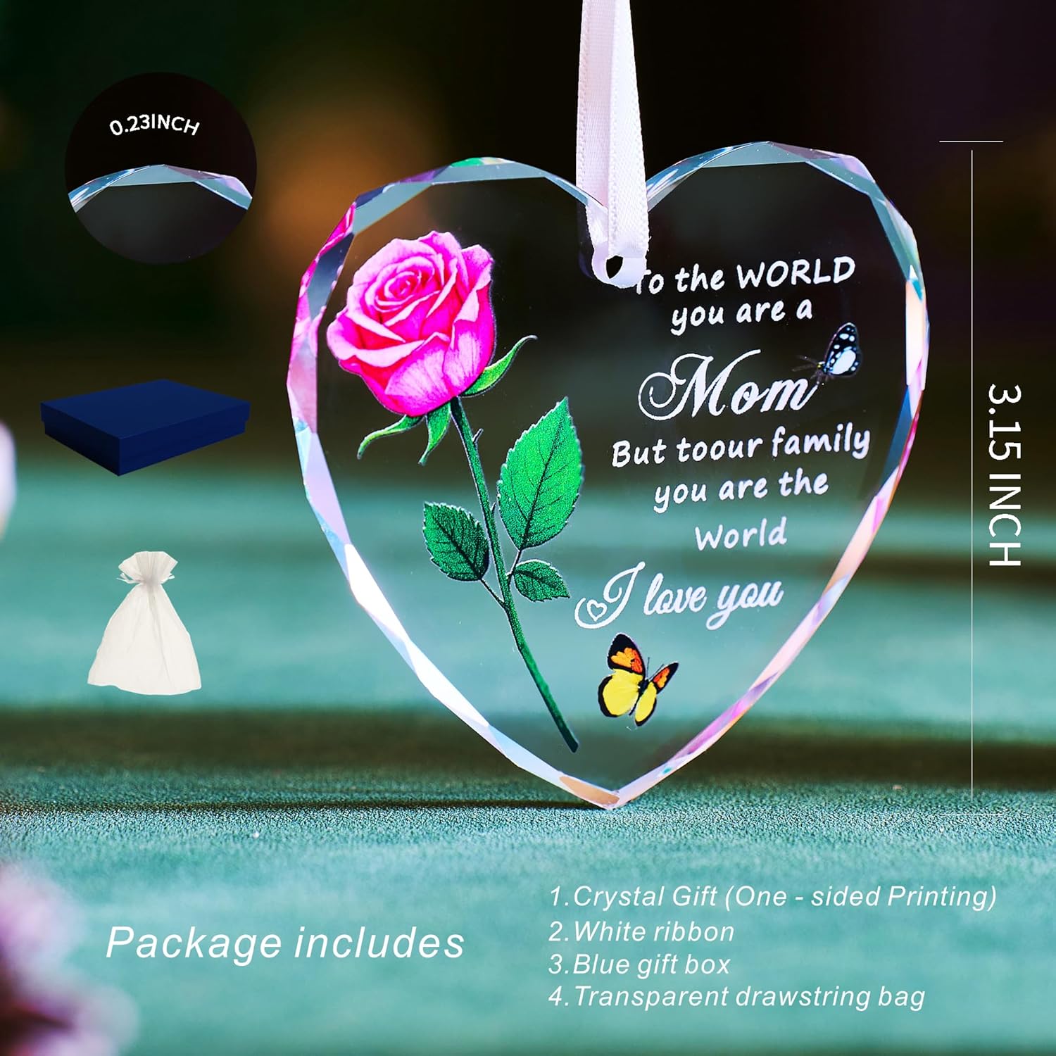 Heart Shaped Glass Christmas Ornament for Mom Pink Rose Design