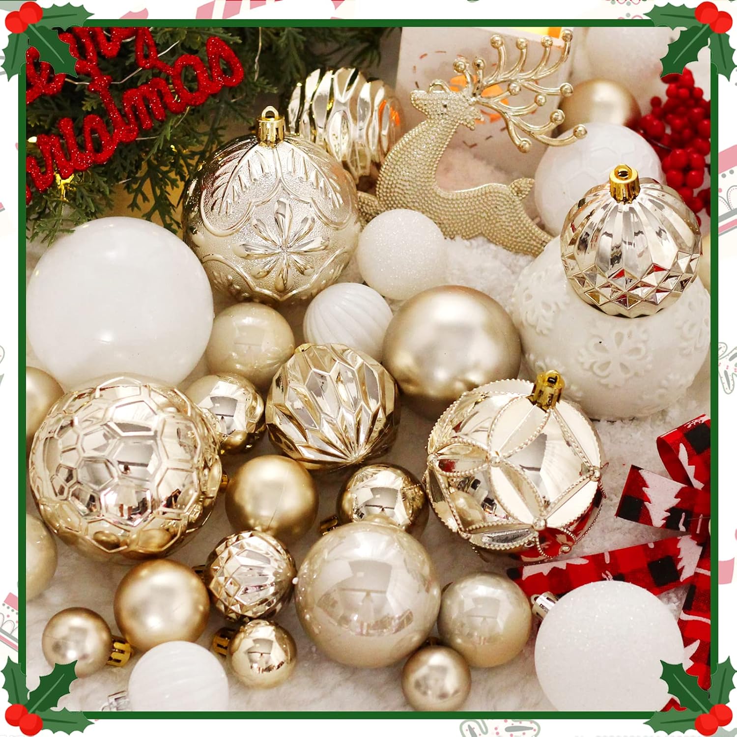 Christmas Tree Ornaments Set 50ct Shatterproof Champagne and White Balls
