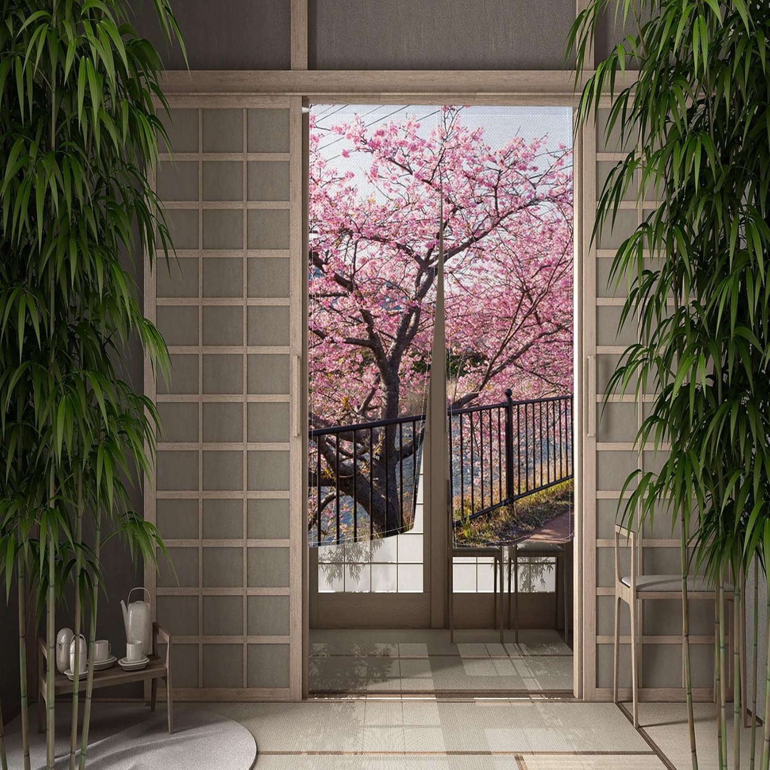 Leowefowa Japanese Noren Curtain Spring Pink Cherry Blossom Long
