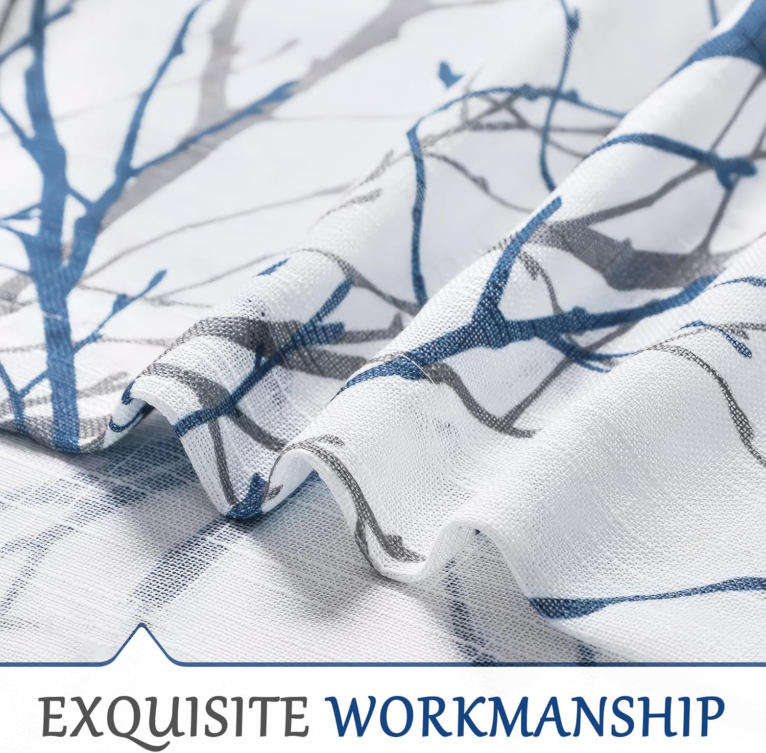 FMFUNCTEX Blue White Branch Tree Print Curtain Panel
