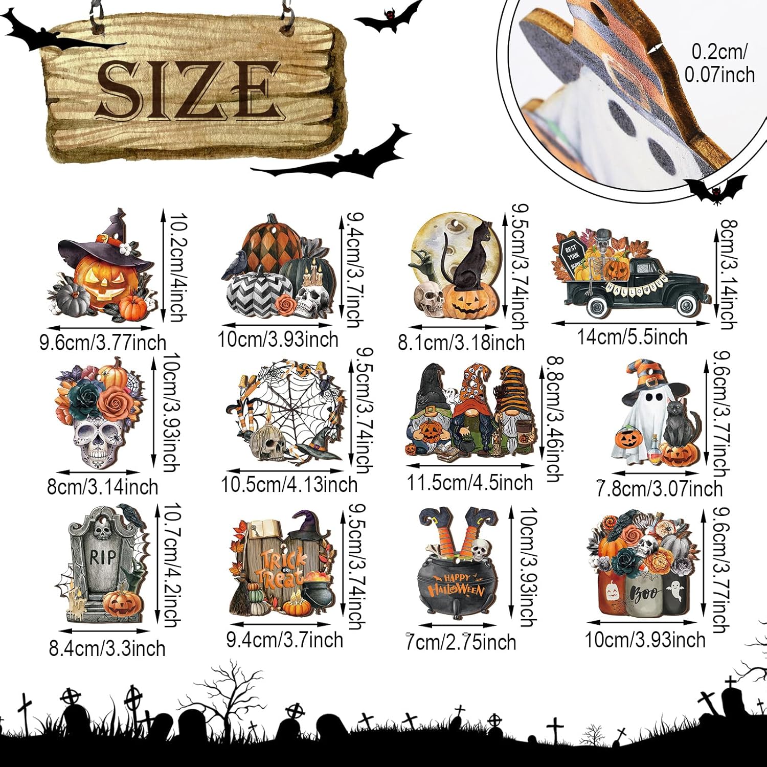 36 Pcs Halloween Wooden Ornaments with Ropes