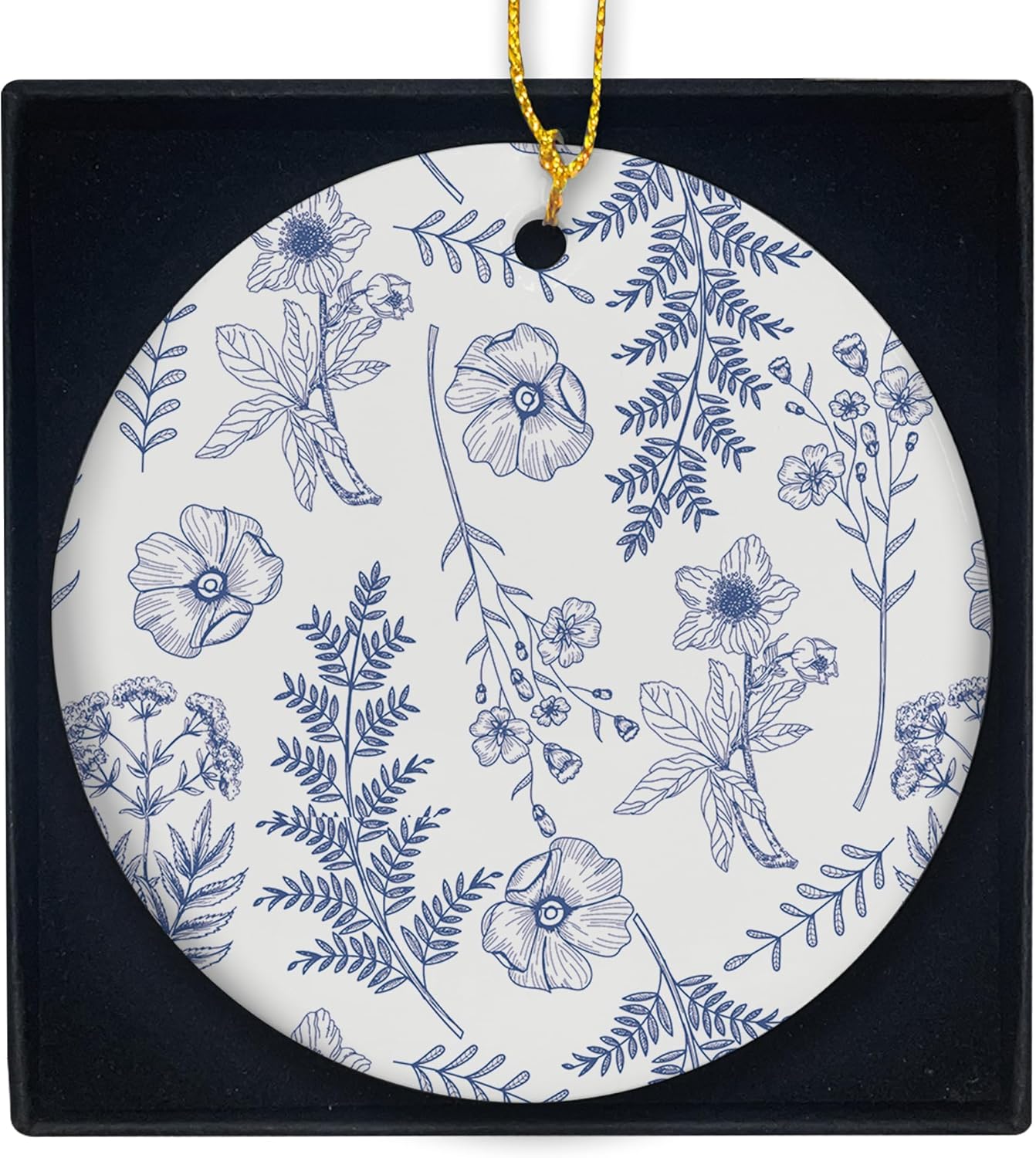 Blue Flowers Christmas Ornament - Chinoiserie Design Ceramic Decor