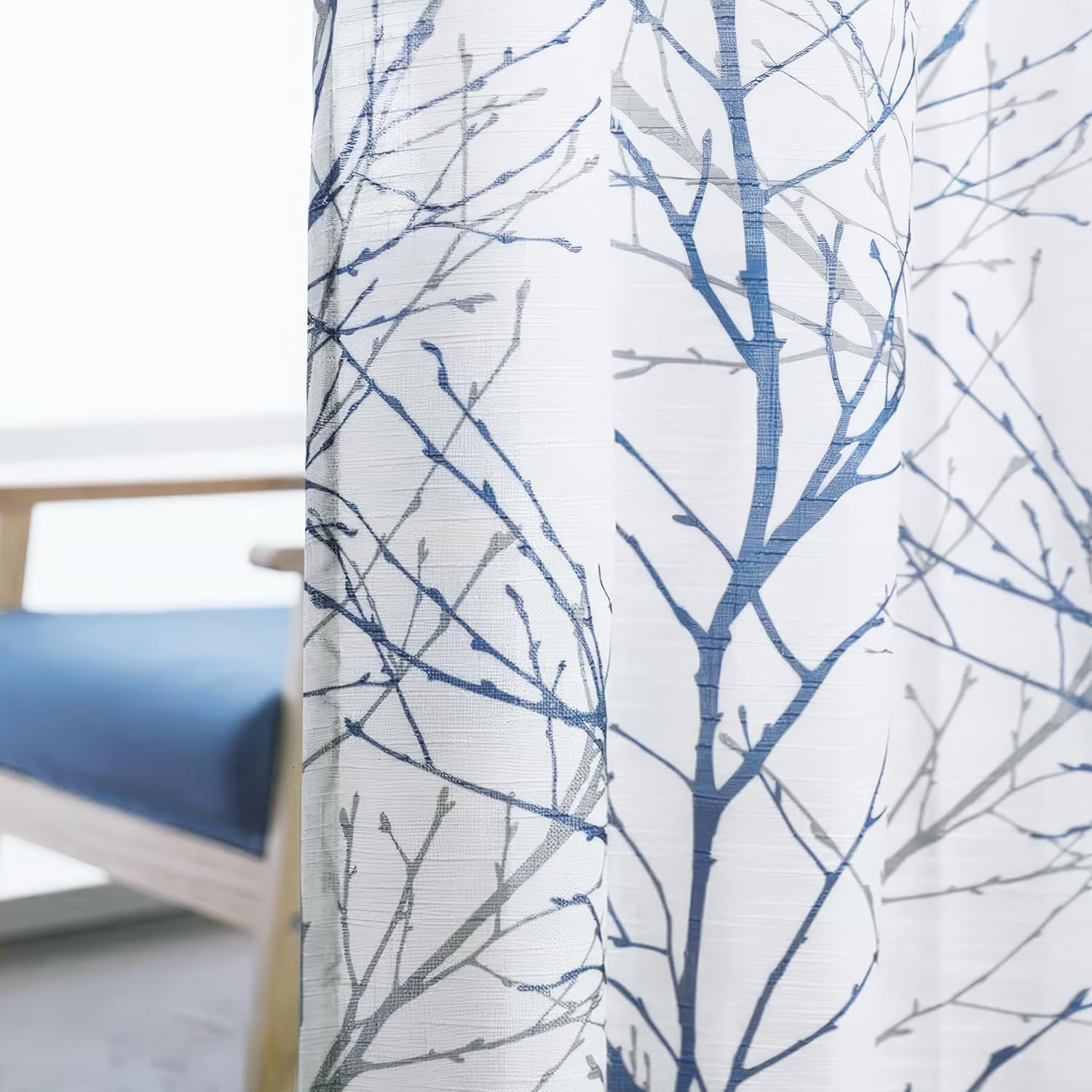 FMFUNCTEX Blue White Branch Tree Print Curtain Panel