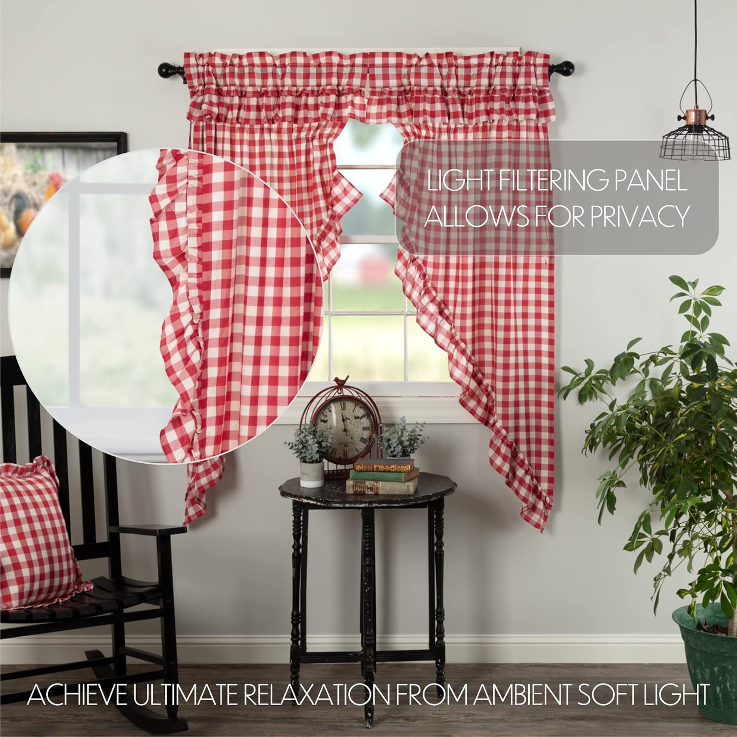 VHC Brands Red Buffalo Check Curtains with Drawstring and Ruffles