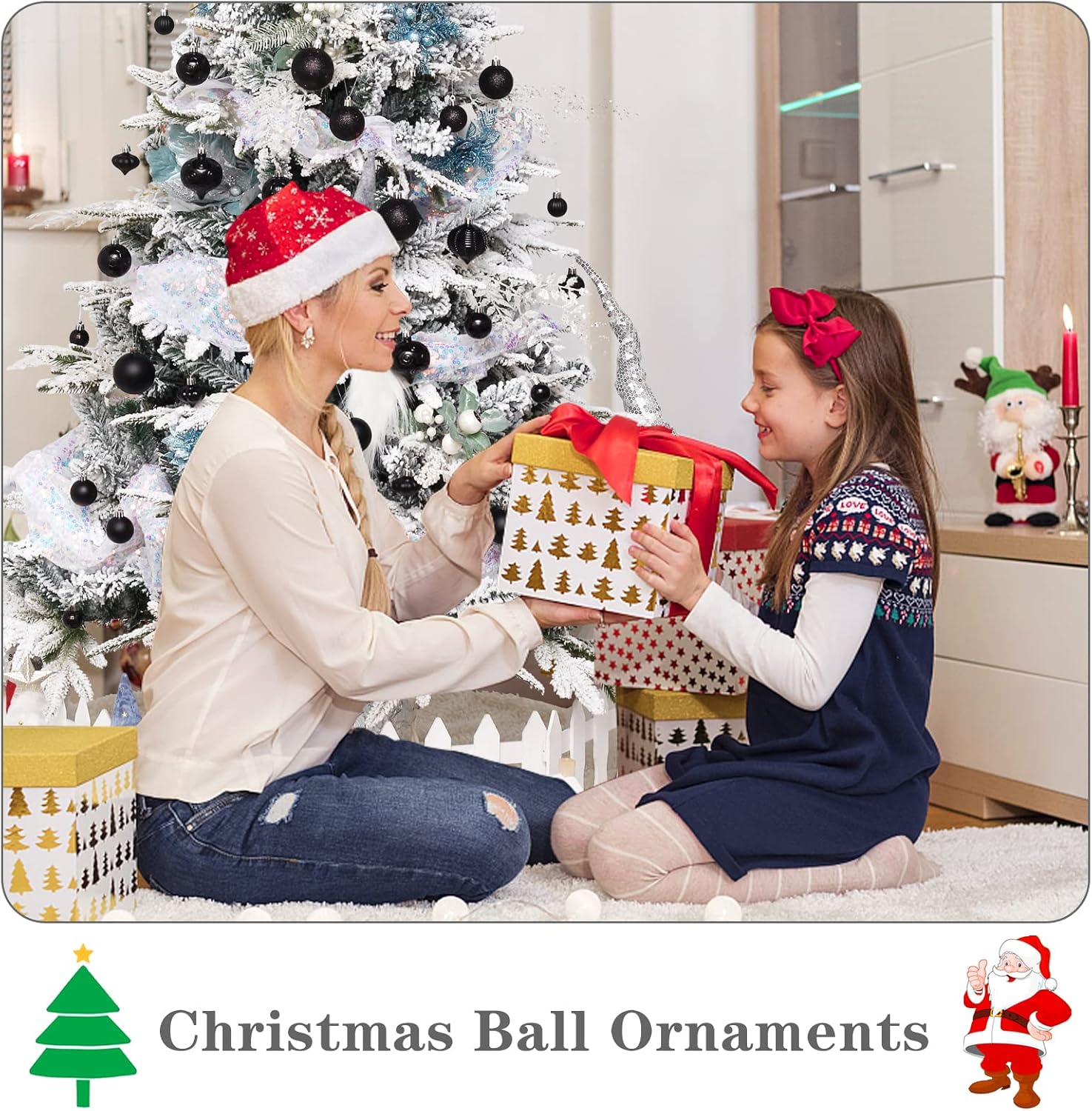52-Pack Shatterproof Black Christmas Tree Ornaments with Star Topper