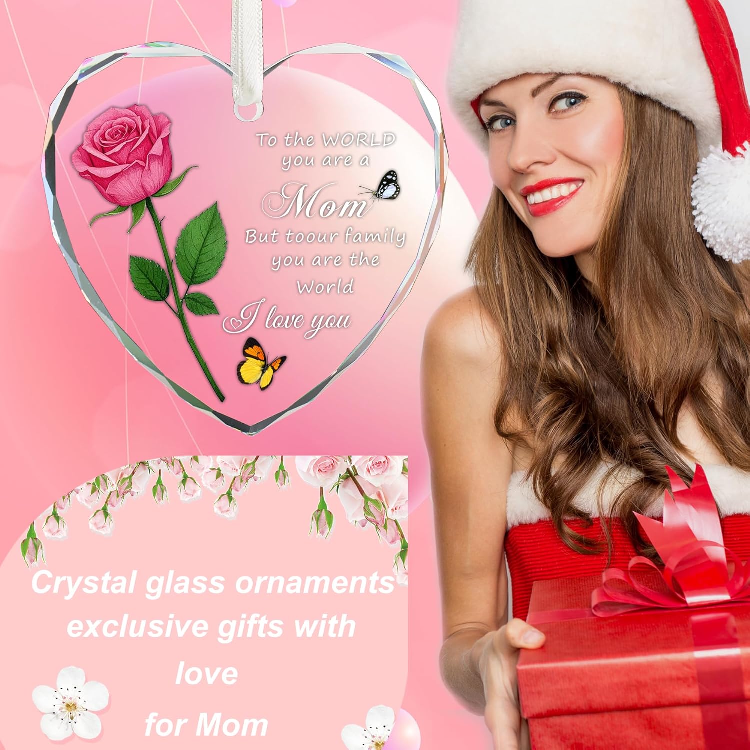 Heart Shaped Glass Christmas Ornament for Mom Pink Rose Design