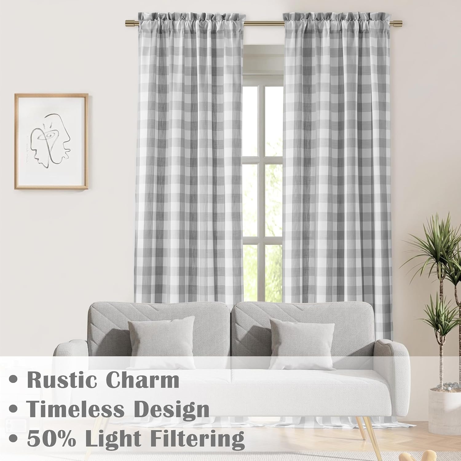 72 Inch Gray White Buffalo Plaid Curtains 2 Panels Rod Pocket