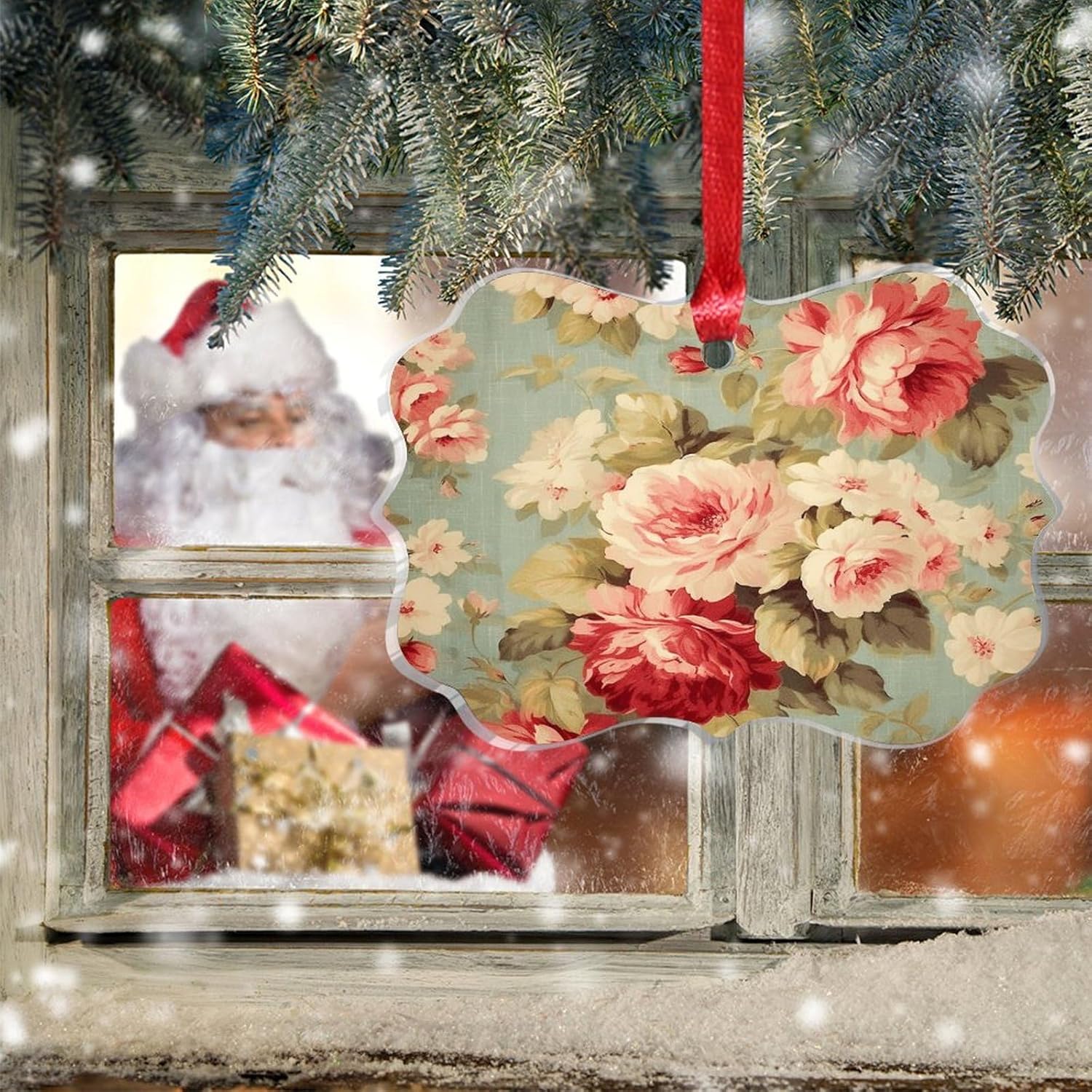 Clear Acrylic Christmas Ornament with Red Pink Roses